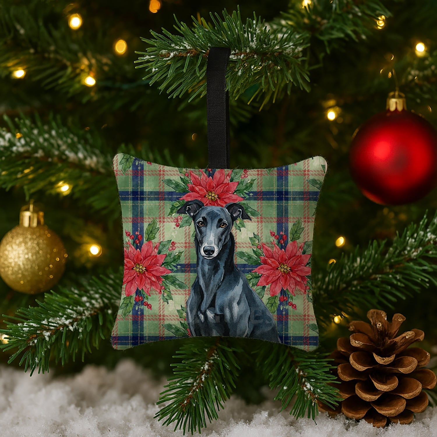 Black Greyhound Christmas PoinsettIas Hanging Square Fabric Ornament 3.5 � 3.5 Decorative Door-Knob & Tree Hanger, Soft Fabric