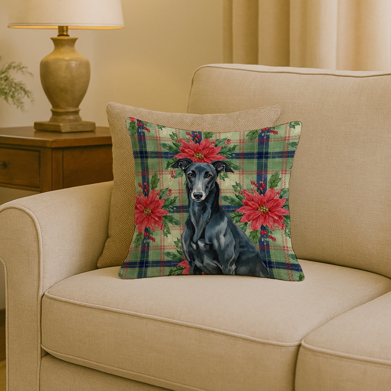 Black Greyhound Christmas PoinsettIas Decorative Throw Pillow 18x18 Indoor Outdoor Accent Cushion, Fabric Cover with Insert for Sofa, Bed, Porch & Living Room
