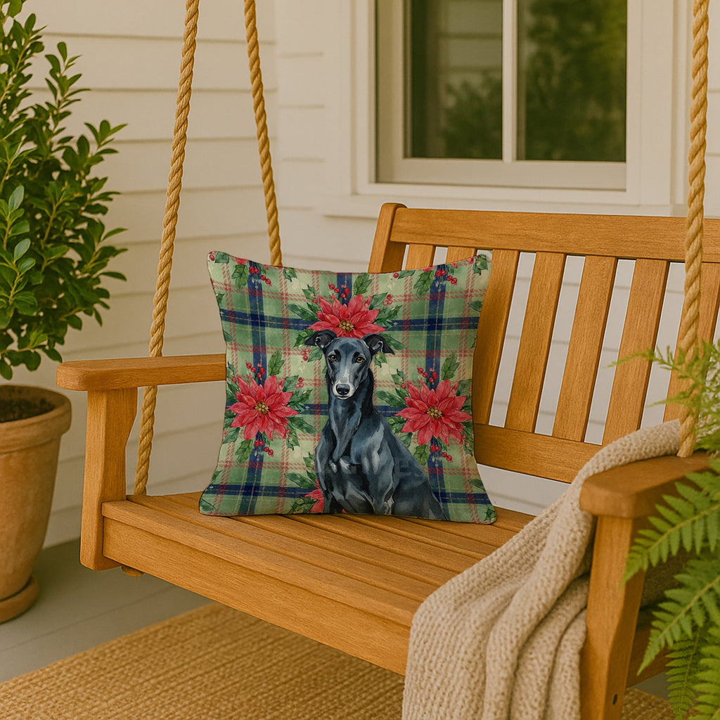 Black Greyhound Christmas PoinsettIas Decorative Throw Pillow 18x18 Indoor Outdoor Accent Cushion, Fabric Cover with Insert for Sofa, Bed, Porch & Living Room