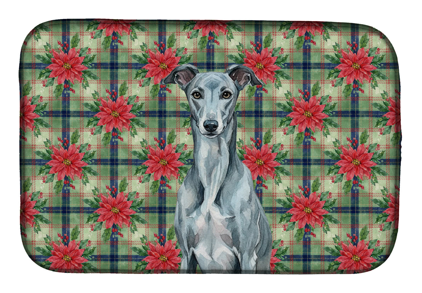 Blue Brindle Greyhound Christmas PoinsettIas Dish Drying Mat Absorbent Dish Drying Mat Pad for Kitchen Counter Dish Drainer Mat for Countertop, 14 x 21", Multicolor
