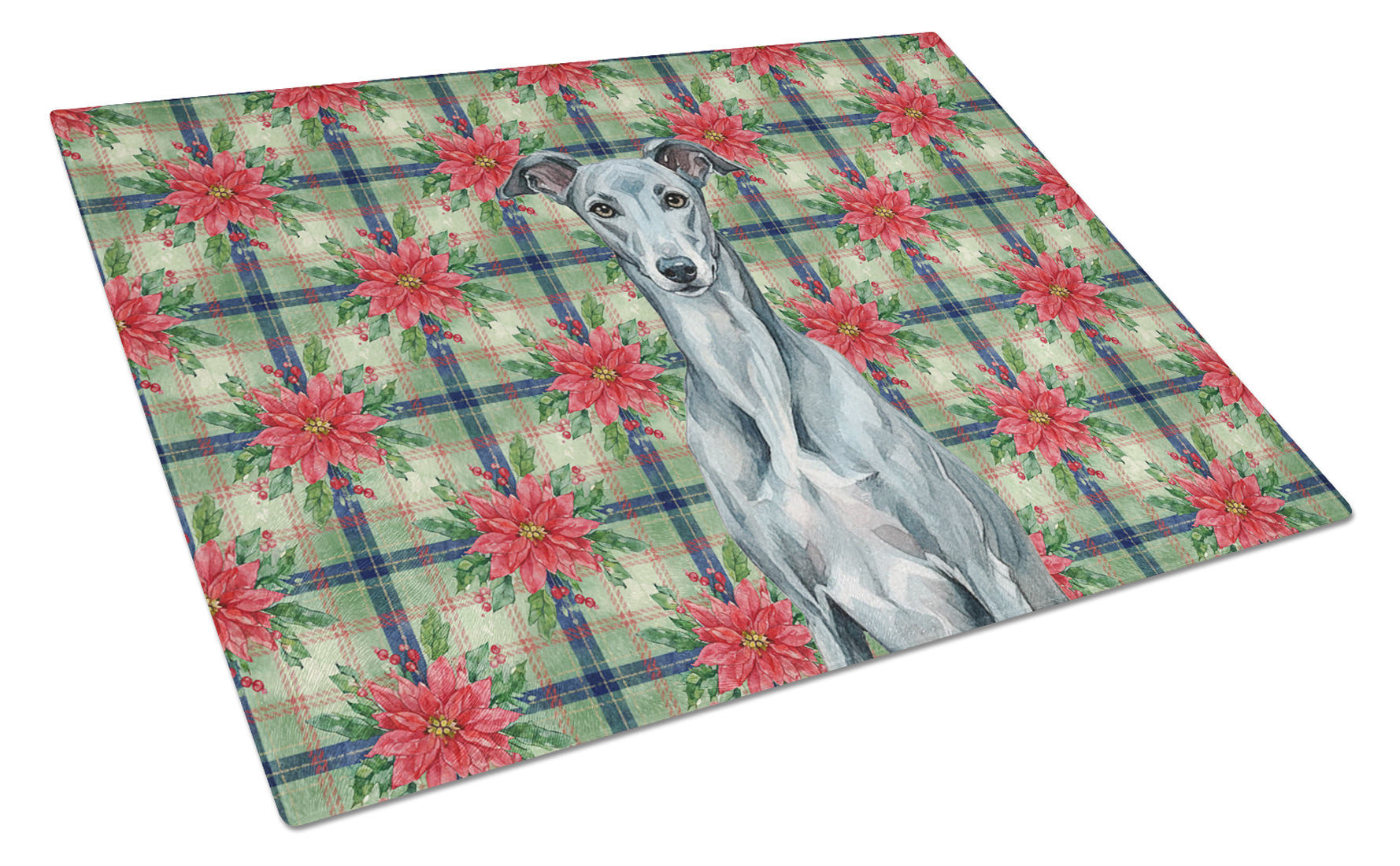 Blue Brindle Greyhound Christmas PoinsettIas Cutting Board Tempered Glass Kitchen Cutting Surface, Heat Resistant Chopping, Non-Slip Feet, Food Prep & Serving