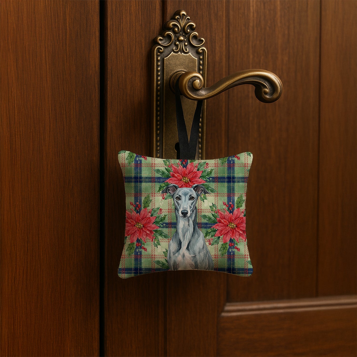 Blue Brindle Greyhound Christmas PoinsettIas Hanging Square Fabric Ornament 3.5 � 3.5 Decorative Door-Knob & Tree Hanger, Soft Fabric