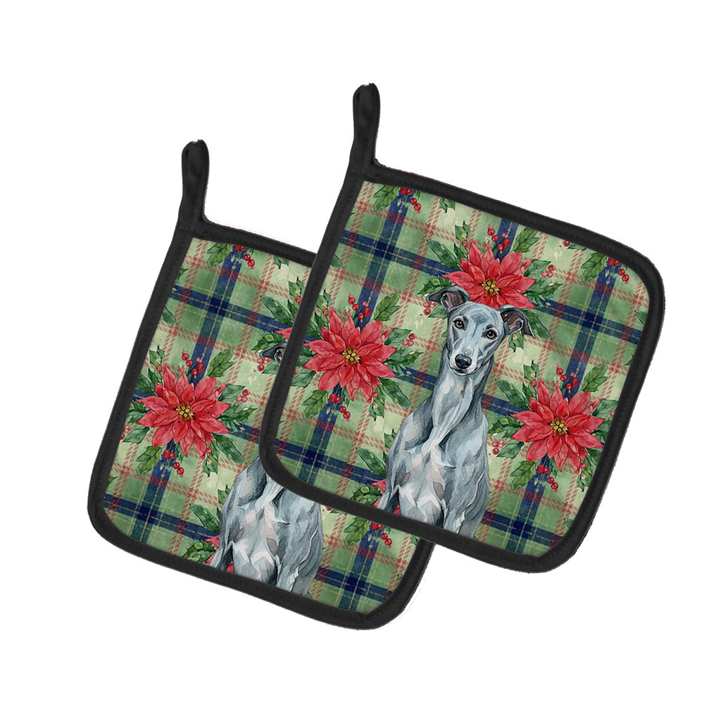 Blue Brindle Greyhound Christmas PoinsettIas Pot Holder Set of 2 Heat Resistant Quilted Hot Pads 7.5 x 7.5 Inch, Insulated Kitchen Trivets for Cooking & Baking