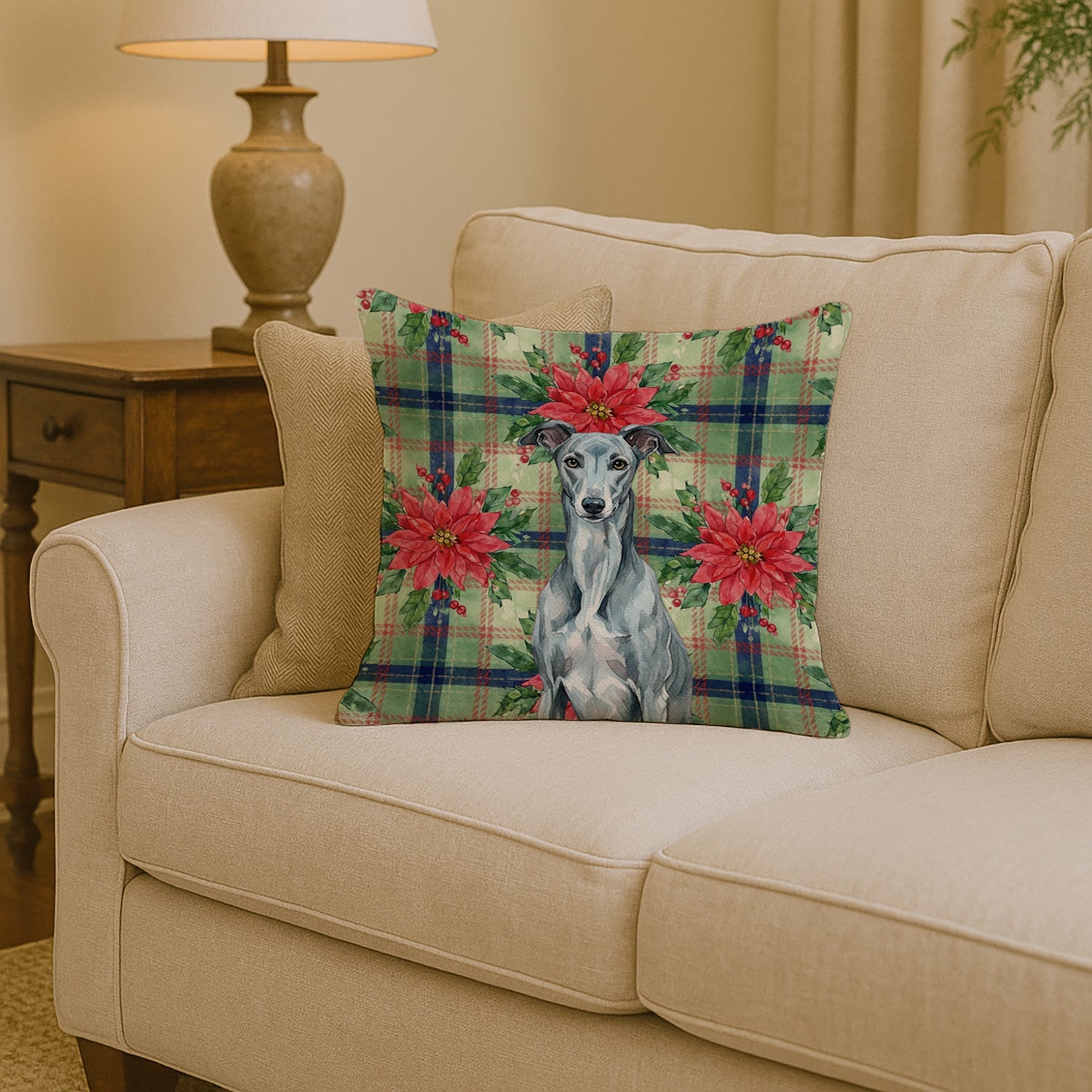 Blue Brindle Greyhound Christmas PoinsettIas Decorative Throw Pillow 14x14 Indoor Outdoor Accent Cushion, Fabric Cover with Insert for Sofa, Bed, Porch & Living Room