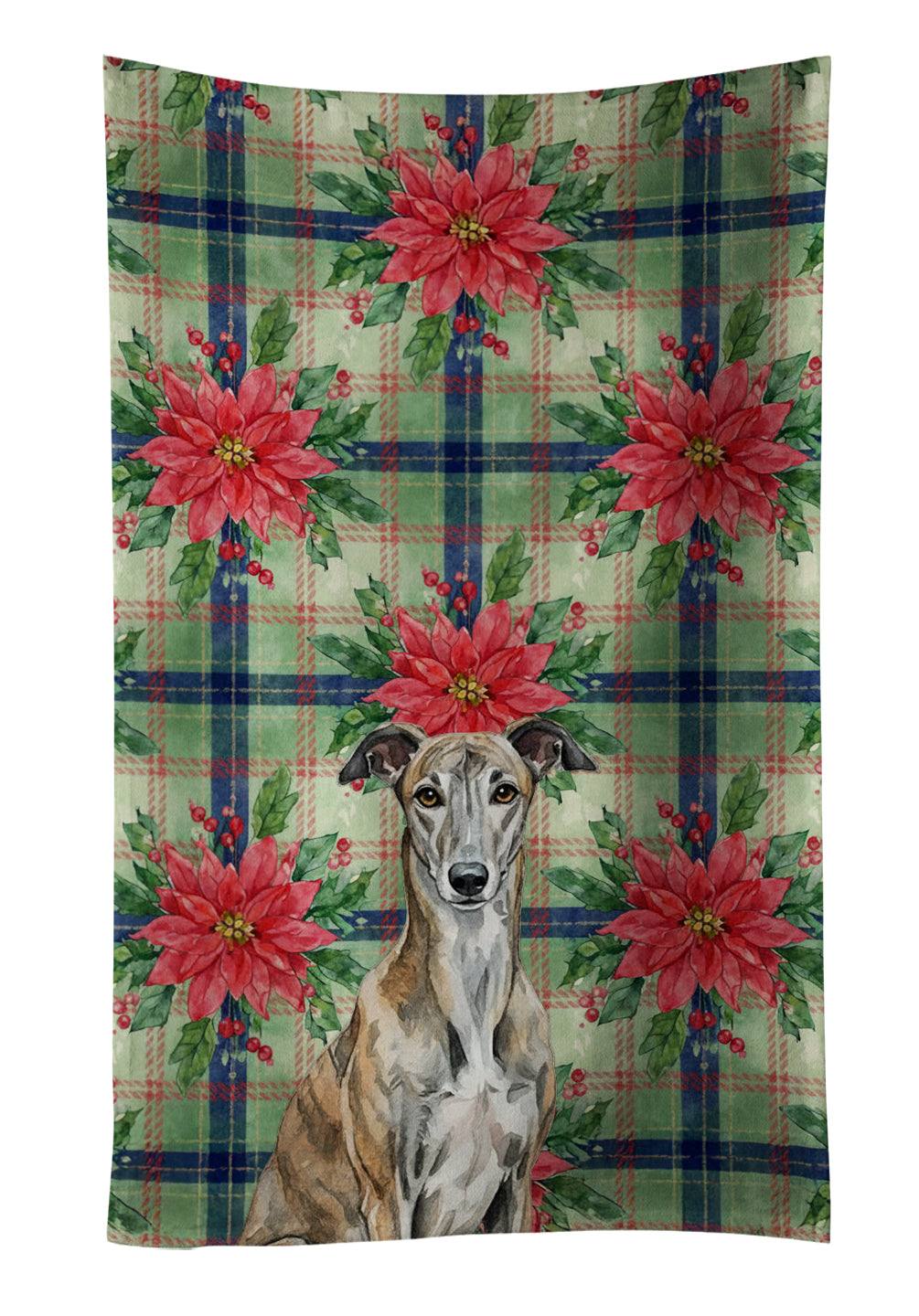 Brindle Greyhound Christmas PoinsettIas Kitchen Towel Velour Plush Front and Cotton Loop Back Machine Washable