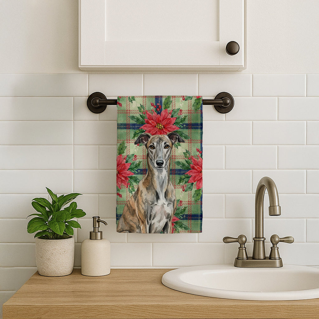Brindle Greyhound Christmas PoinsettIas Kitchen Towel Velour Plush Front and Cotton Loop Back Machine Washable
