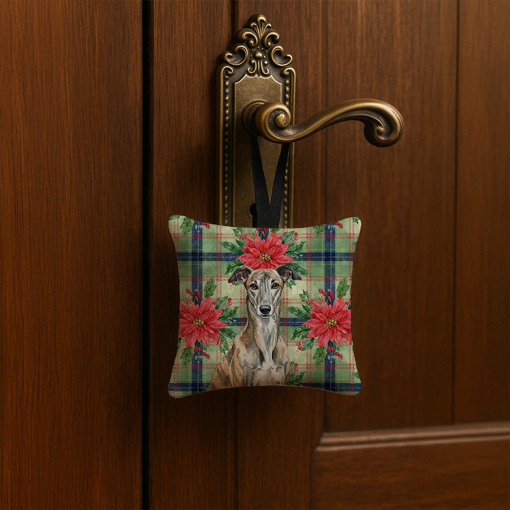 Brindle Greyhound Christmas PoinsettIas Hanging Square Fabric Ornament 3.5 � 3.5 Decorative Door-Knob & Tree Hanger, Soft Fabric