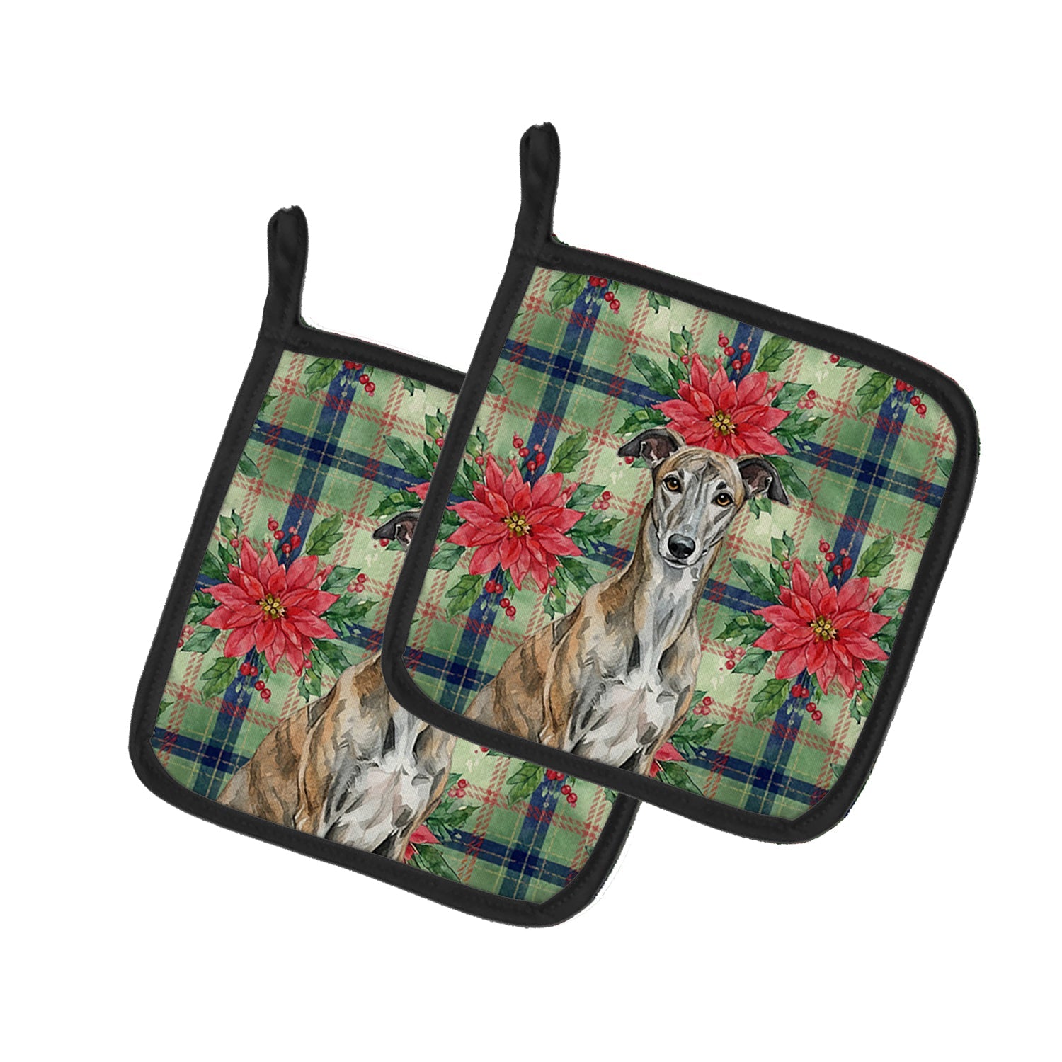Brindle Greyhound Christmas PoinsettIas Pot Holder Set of 2 Heat Resistant Quilted Hot Pads 7.5 x 7.5 Inch, Insulated Kitchen Trivets for Cooking & Baking