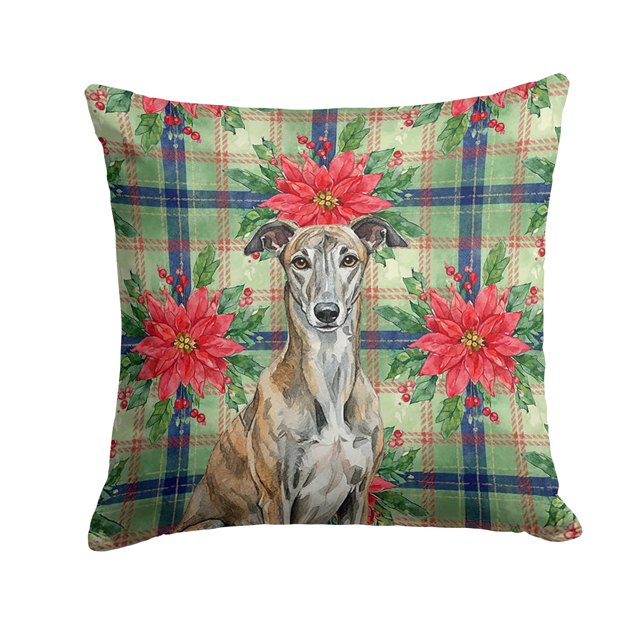 Brindle Greyhound Christmas PoinsettIas Decorative Throw Pillow 14x14 Indoor Outdoor Accent Cushion, Fabric Cover with Insert for Sofa, Bed, Porch & Living Room