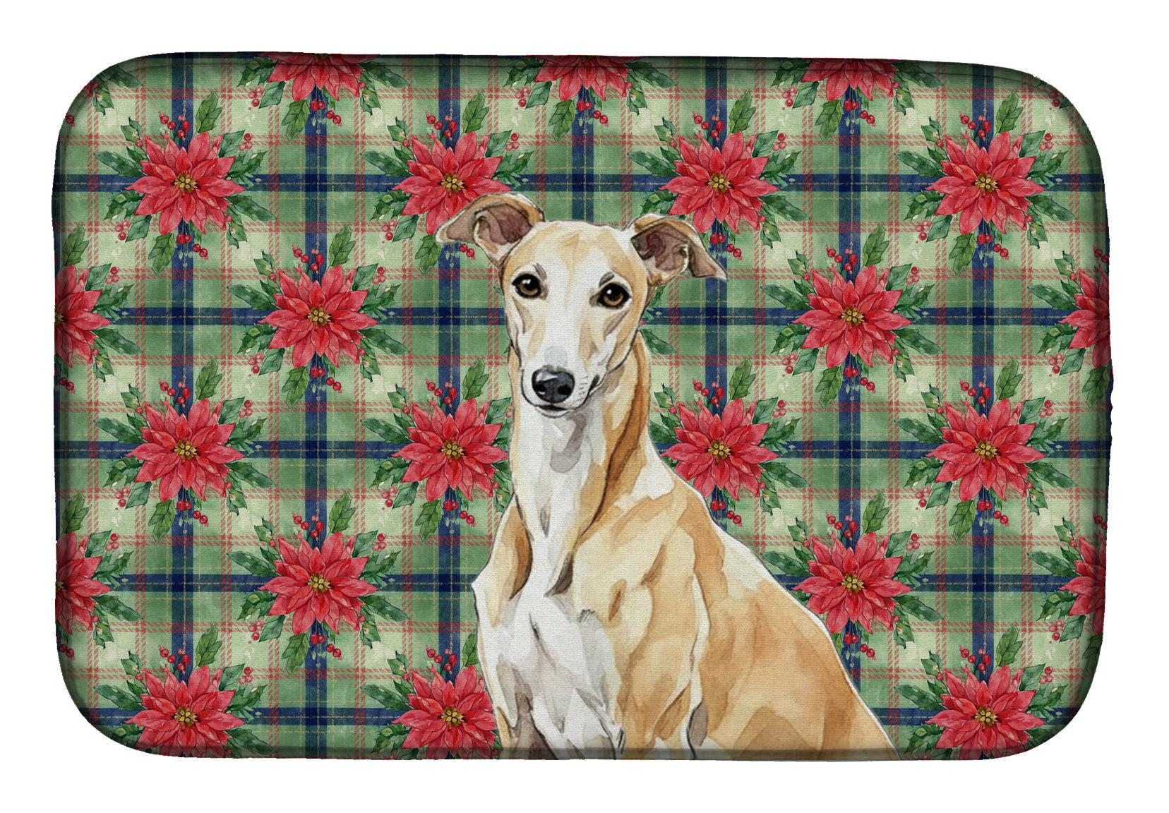 Fawn Greyhound Christmas PoinsettIas Dish Drying Mat Absorbent Dish Drying Mat Pad for Kitchen Counter Dish Drainer Mat for Countertop, 14 x 21", Multicolor