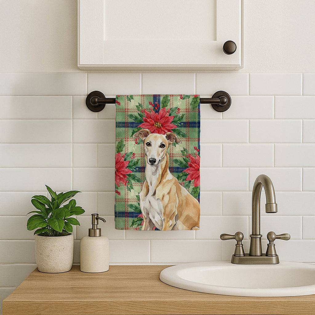 Fawn Greyhound Christmas PoinsettIas Kitchen Towel Velour Plush Front and Cotton Loop Back Machine Washable