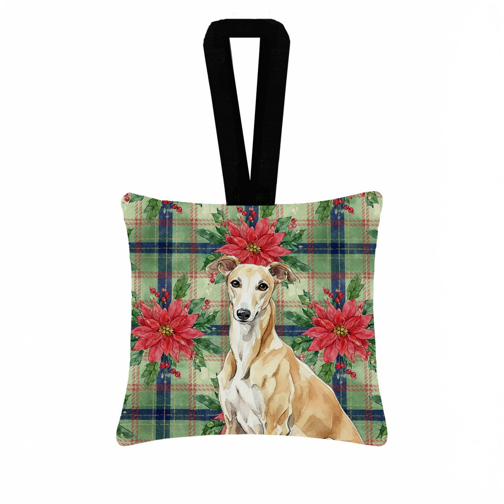 Fawn Greyhound Christmas PoinsettIas Hanging Square Fabric Ornament 3.5 � 3.5 Decorative Door-Knob & Tree Hanger, Soft Fabric
