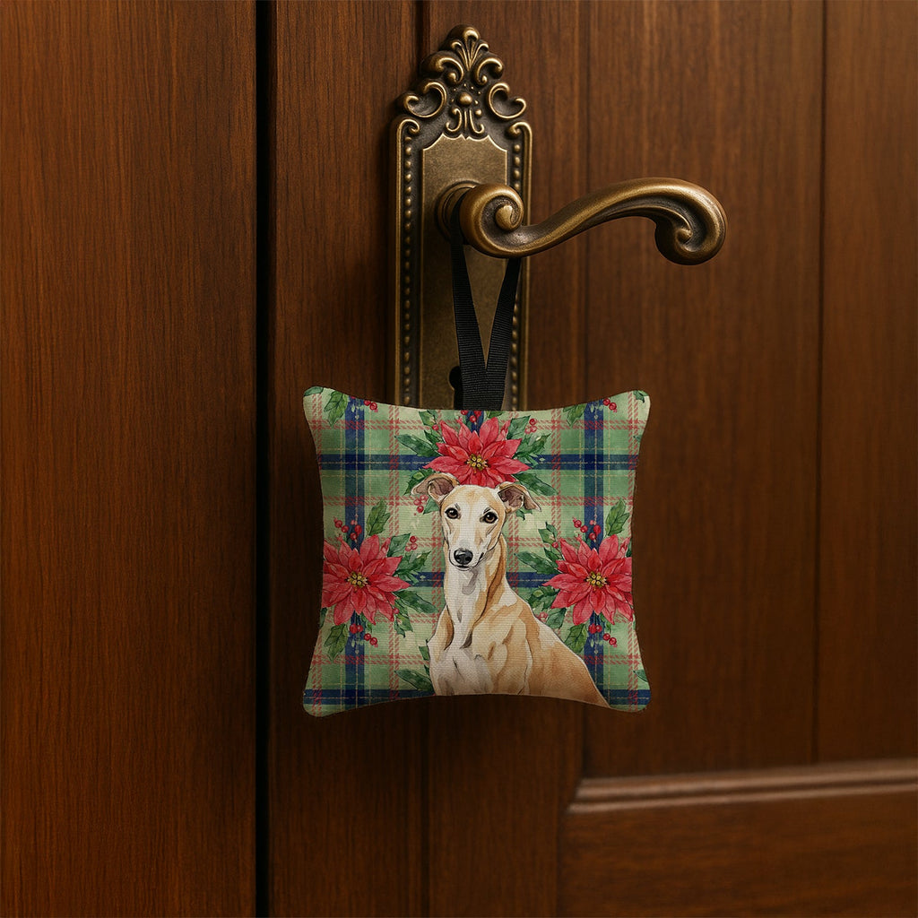 Fawn Greyhound Christmas PoinsettIas Hanging Square Fabric Ornament 3.5 � 3.5 Decorative Door-Knob & Tree Hanger, Soft Fabric