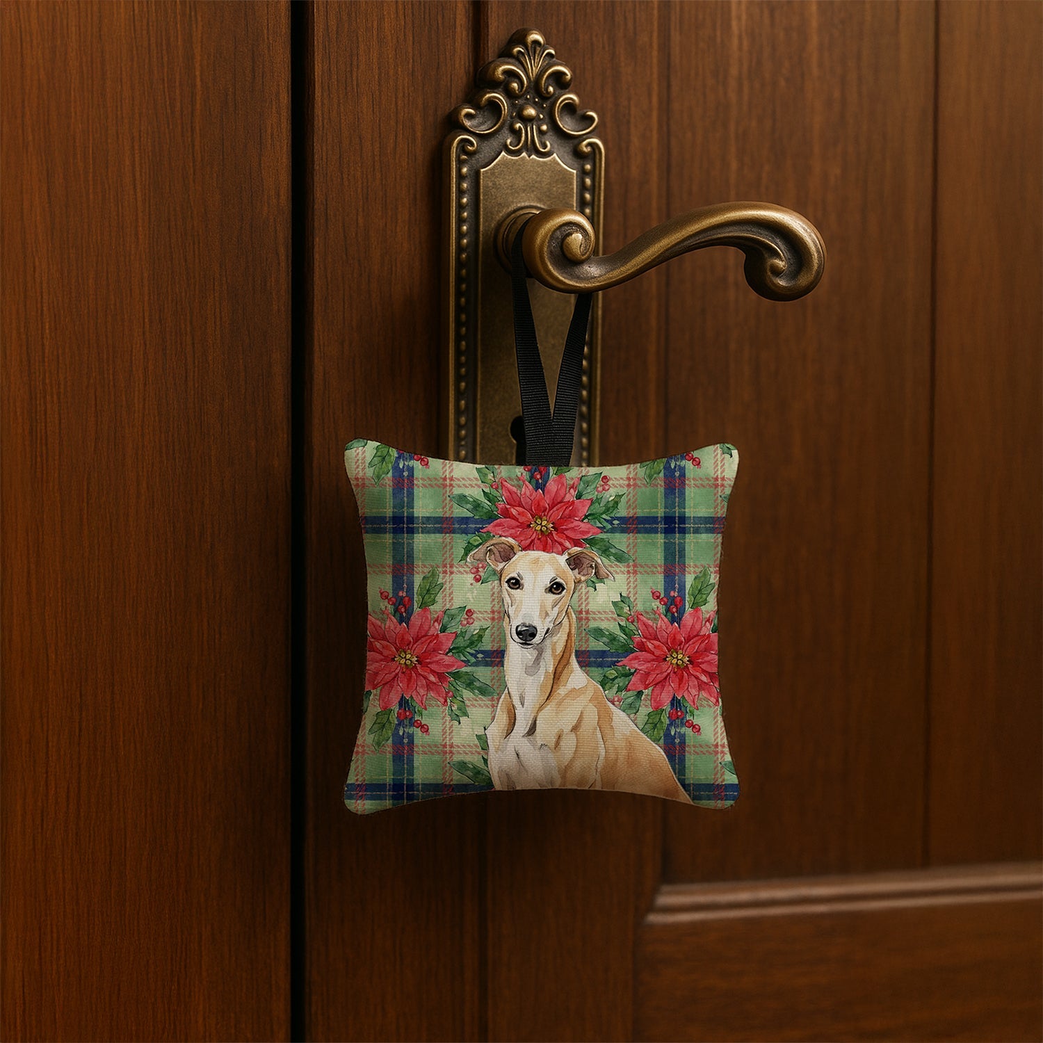 Fawn Greyhound Christmas PoinsettIas Hanging Square Fabric Ornament 3.5 � 3.5 Decorative Door-Knob & Tree Hanger, Soft Fabric