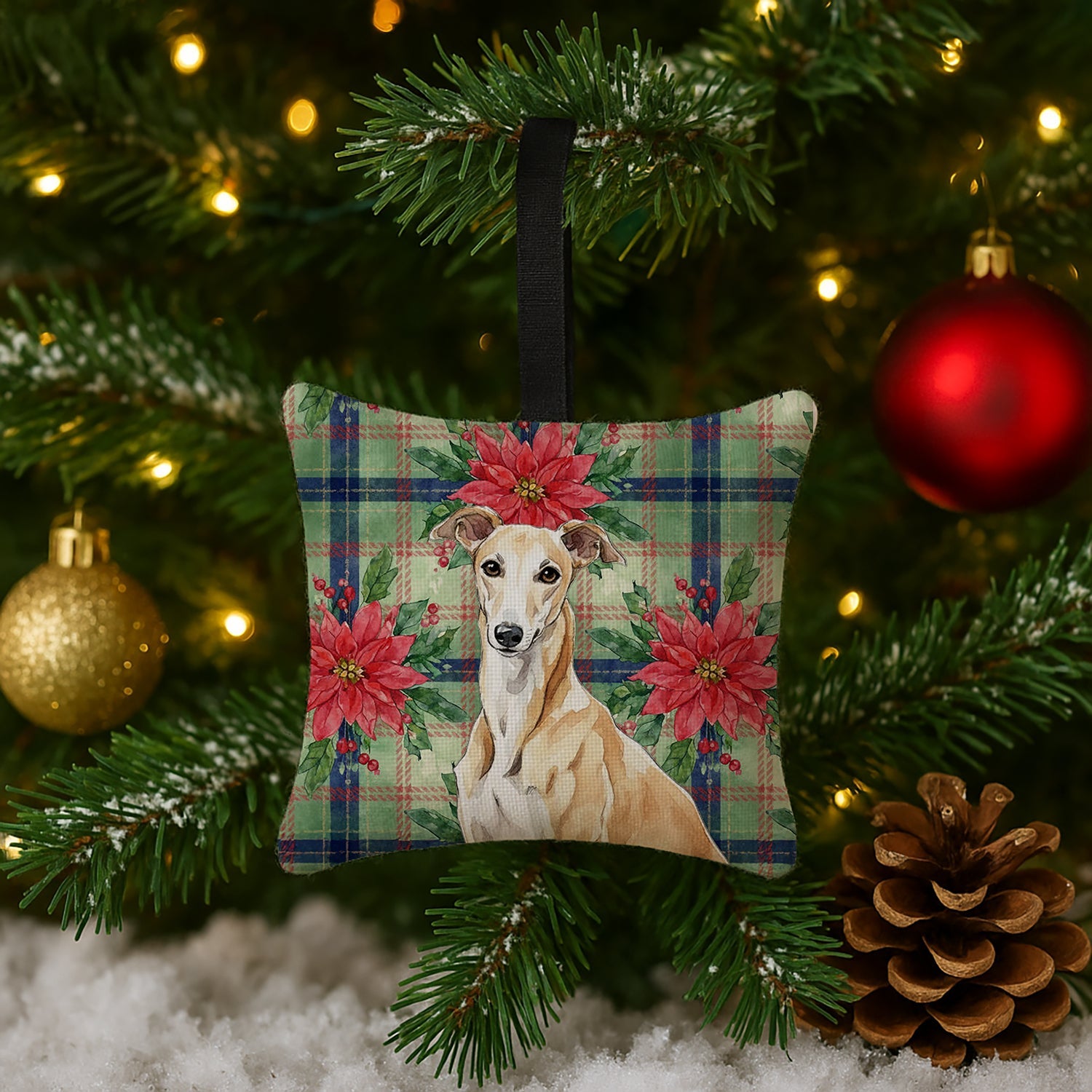 Fawn Greyhound Christmas PoinsettIas Hanging Square Fabric Ornament 3.5 � 3.5 Decorative Door-Knob & Tree Hanger, Soft Fabric