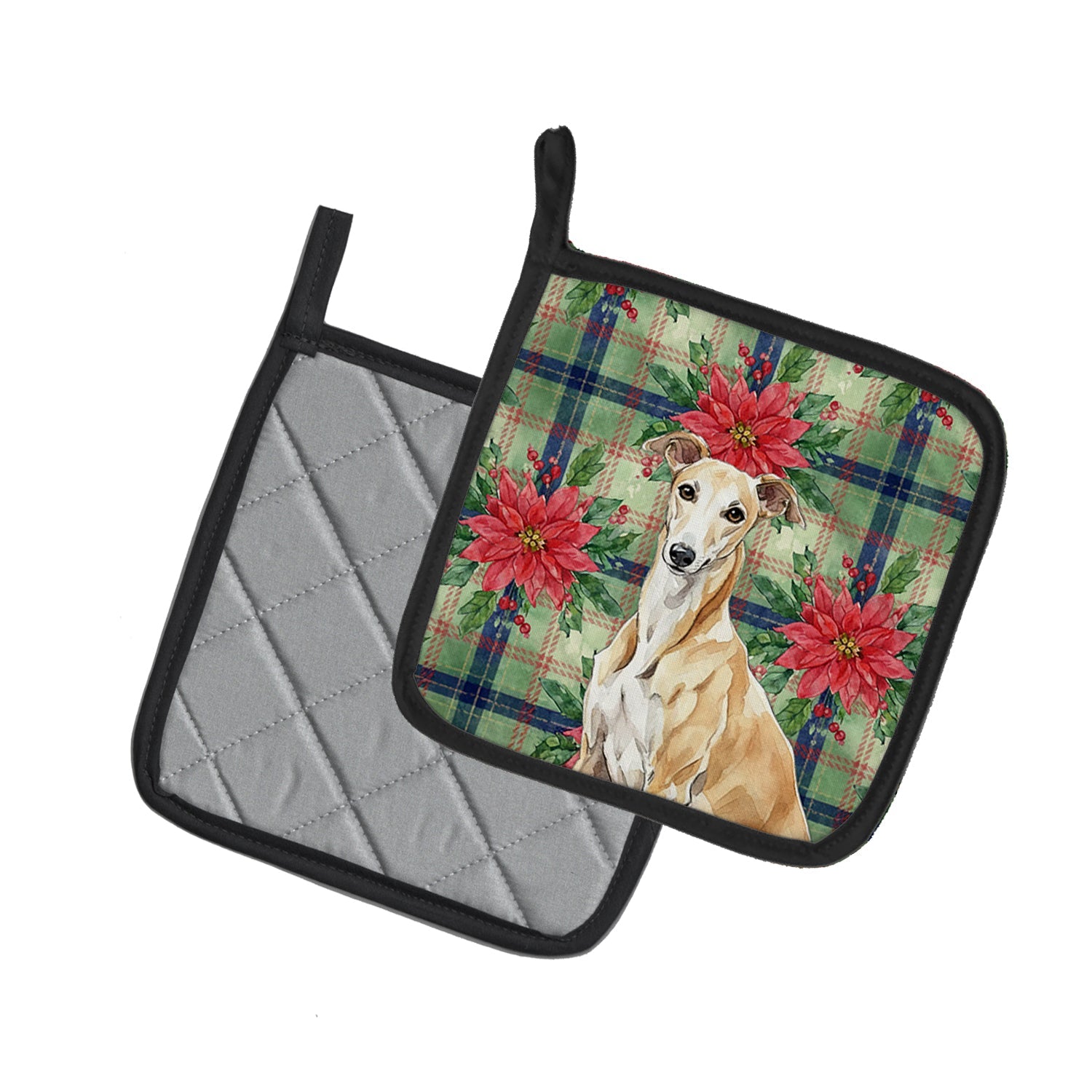 Fawn Greyhound Christmas PoinsettIas Pot Holder Set of 2 Heat Resistant Quilted Hot Pads 7.5 x 7.5 Inch, Insulated Kitchen Trivets for Cooking & Baking