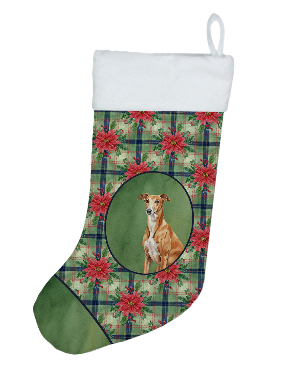 Red Greyhound Christmas PoinsettIas Holiday Stocking Double-Sided Print, Polyester Suede,11x18, Made in USA