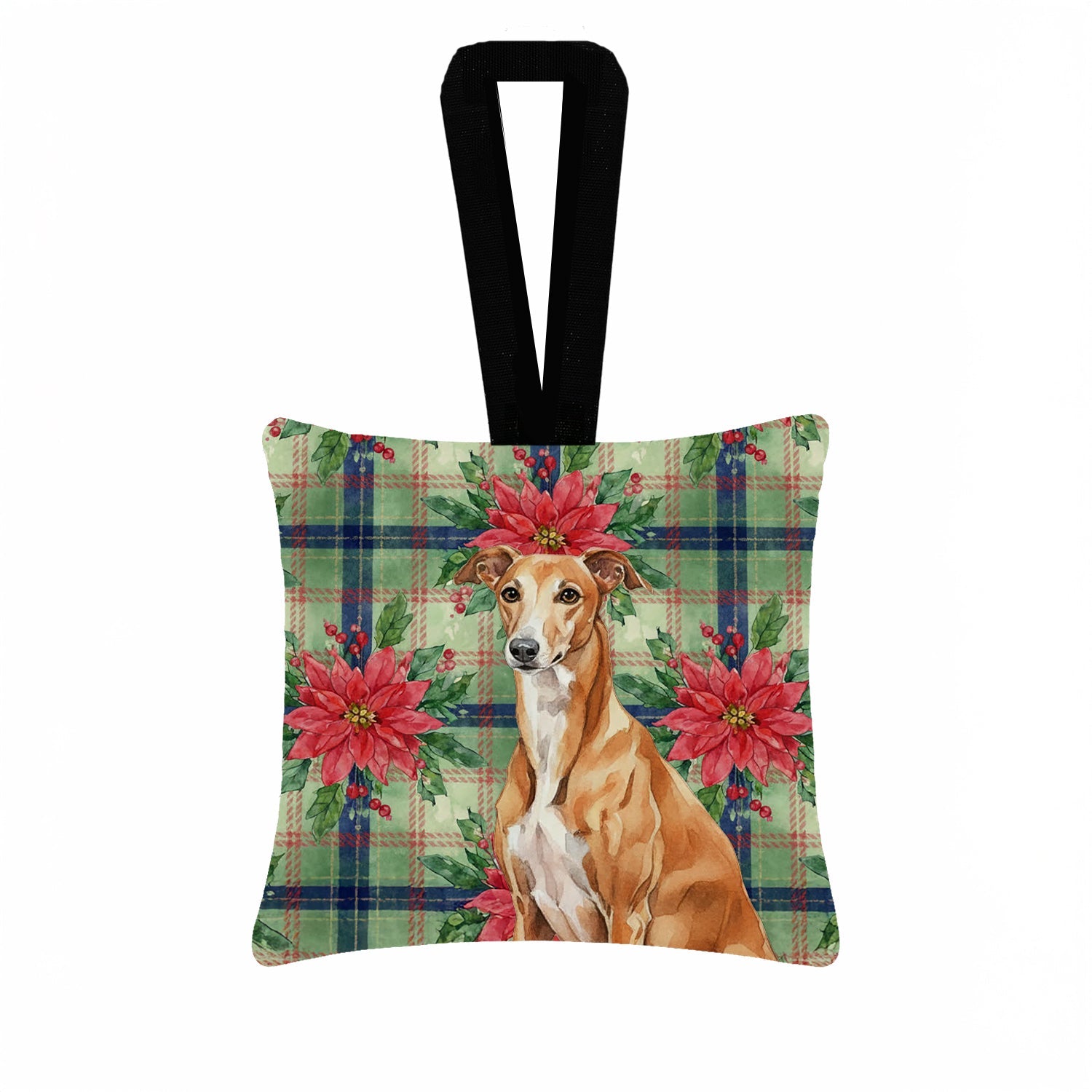 Red Greyhound Christmas PoinsettIas Hanging Square Fabric Ornament 3.5 � 3.5 Decorative Door-Knob & Tree Hanger, Soft Fabric