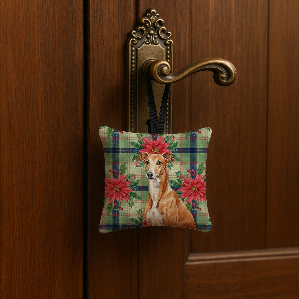 Red Greyhound Christmas PoinsettIas Hanging Square Fabric Ornament 3.5 � 3.5 Decorative Door-Knob & Tree Hanger, Soft Fabric