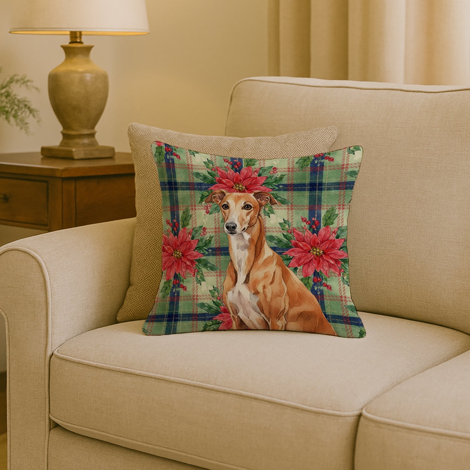 Red Greyhound Christmas PoinsettIas Decorative Throw Pillow 18x18 Indoor Outdoor Accent Cushion, Fabric Cover with Insert for Sofa, Bed, Porch & Living Room