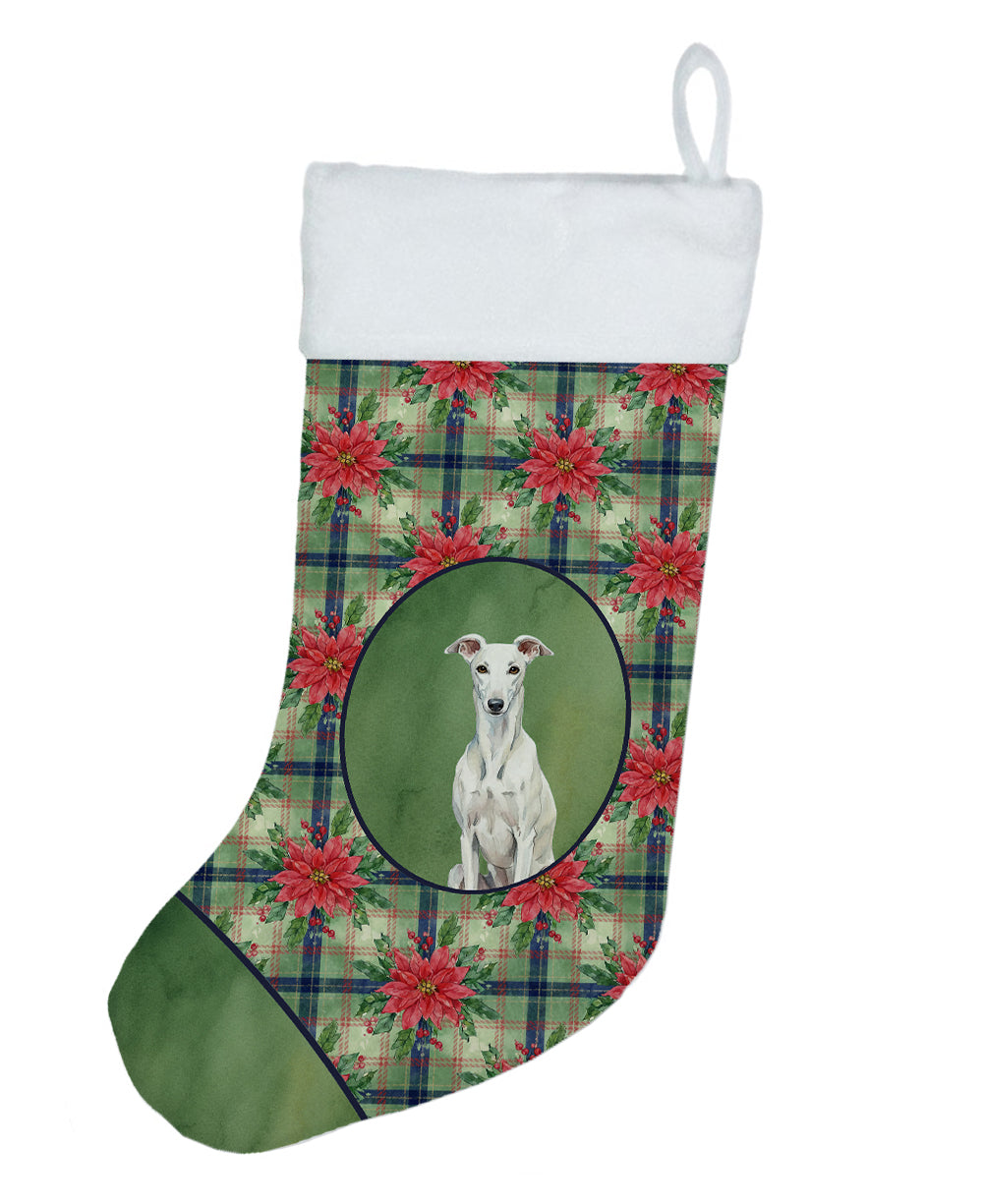 White Greyhound Christmas PoinsettIas Holiday Stocking Double-Sided Print, Polyester Suede,11x18, Made in USA