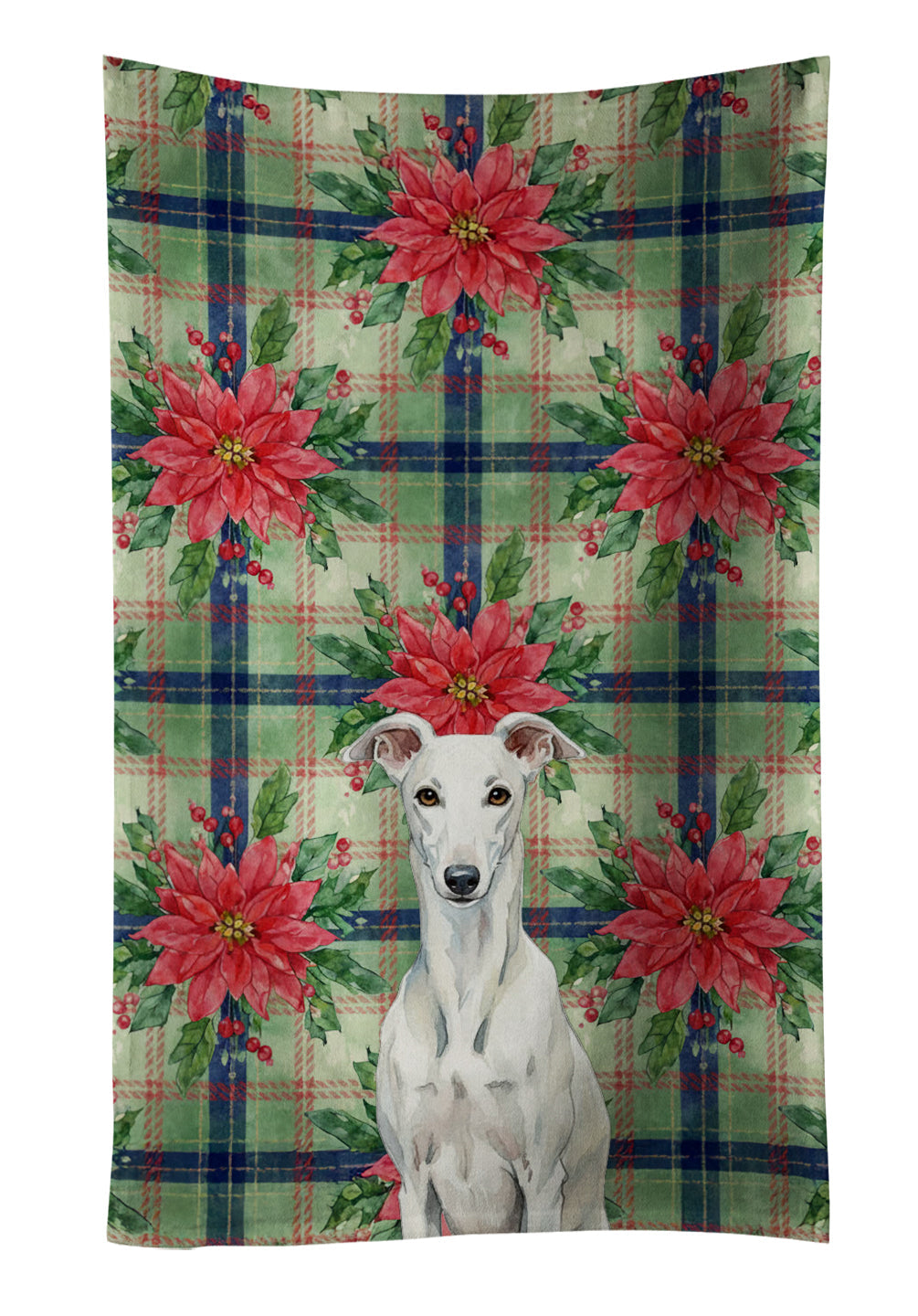 White Greyhound Christmas PoinsettIas Kitchen Towel Velour Plush Front and Cotton Loop Back Machine Washable