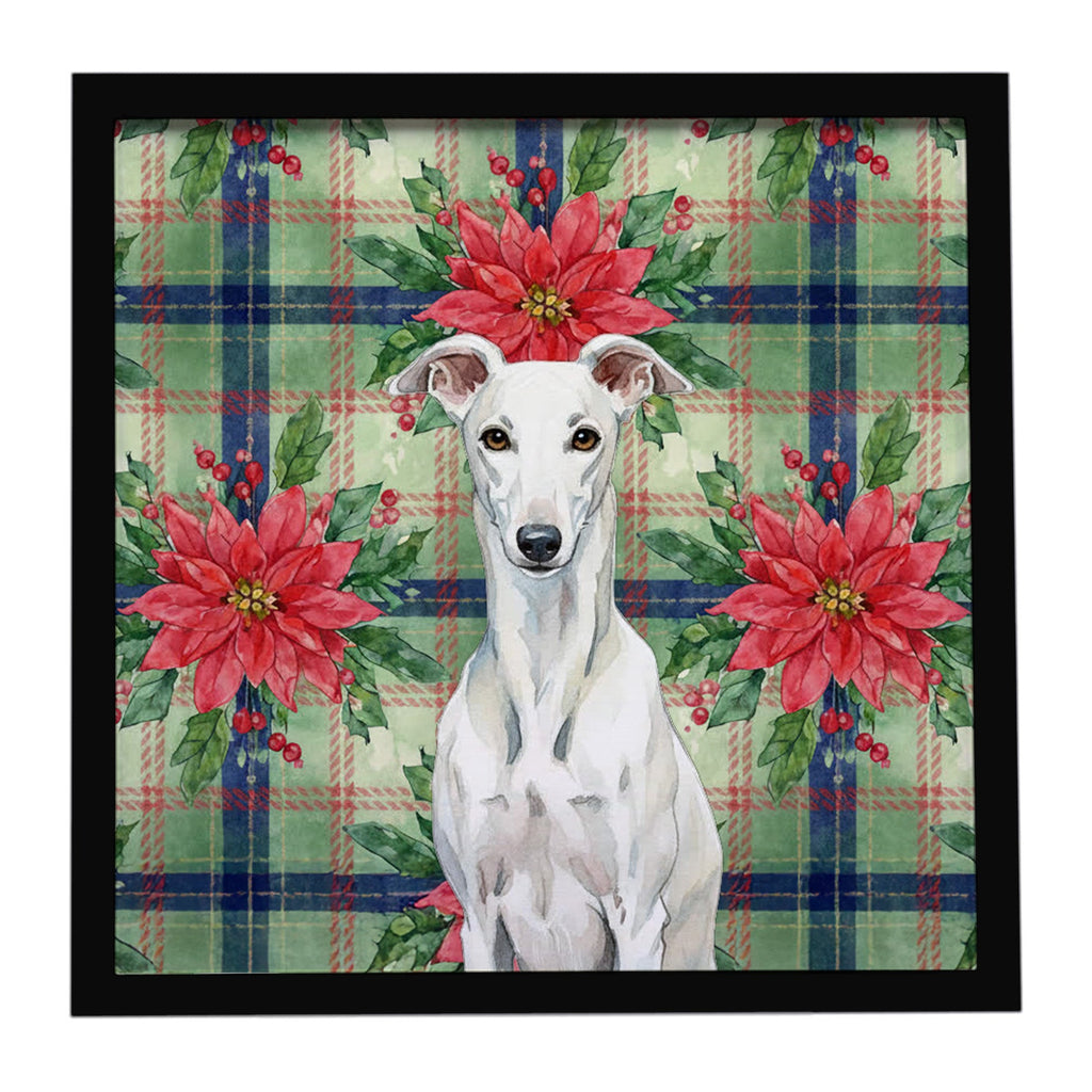 White Greyhound Christmas PoinsettIas Framed Metal Print Bathroom, Kitchen, Office, Home Decor Wall Art Ready to Hang, Square, 8X8