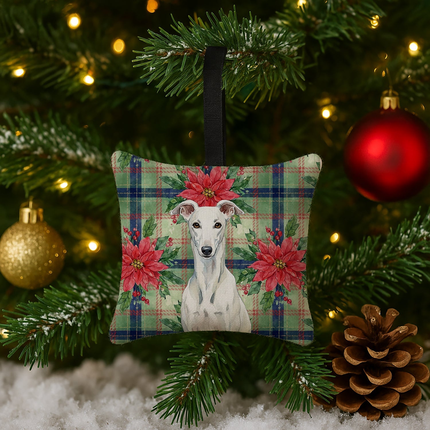 White Greyhound Christmas PoinsettIas Hanging Square Fabric Ornament 3.5 � 3.5 Decorative Door-Knob & Tree Hanger, Soft Fabric
