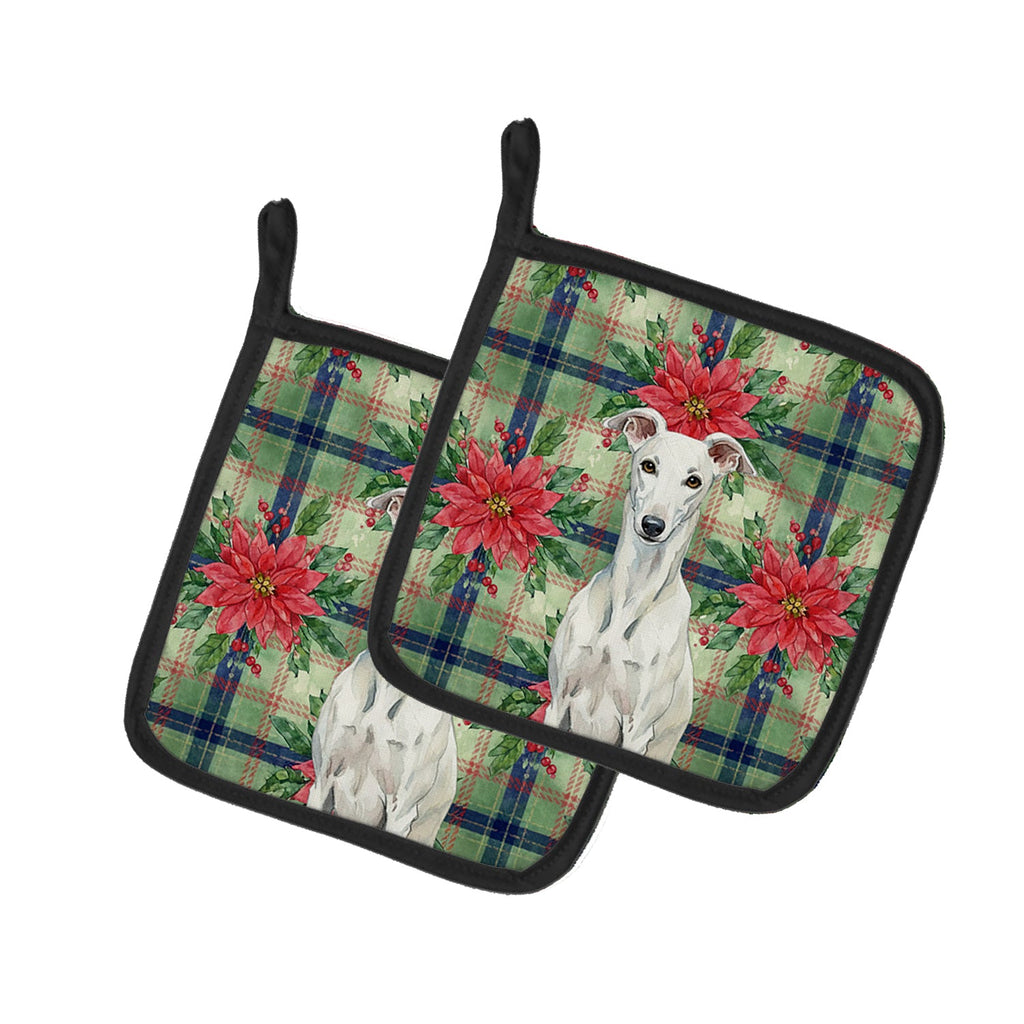 White Greyhound Christmas PoinsettIas Pot Holder Set of 2 Heat Resistant Quilted Hot Pads 7.5 x 7.5 Inch, Insulated Kitchen Trivets for Cooking & Baking
