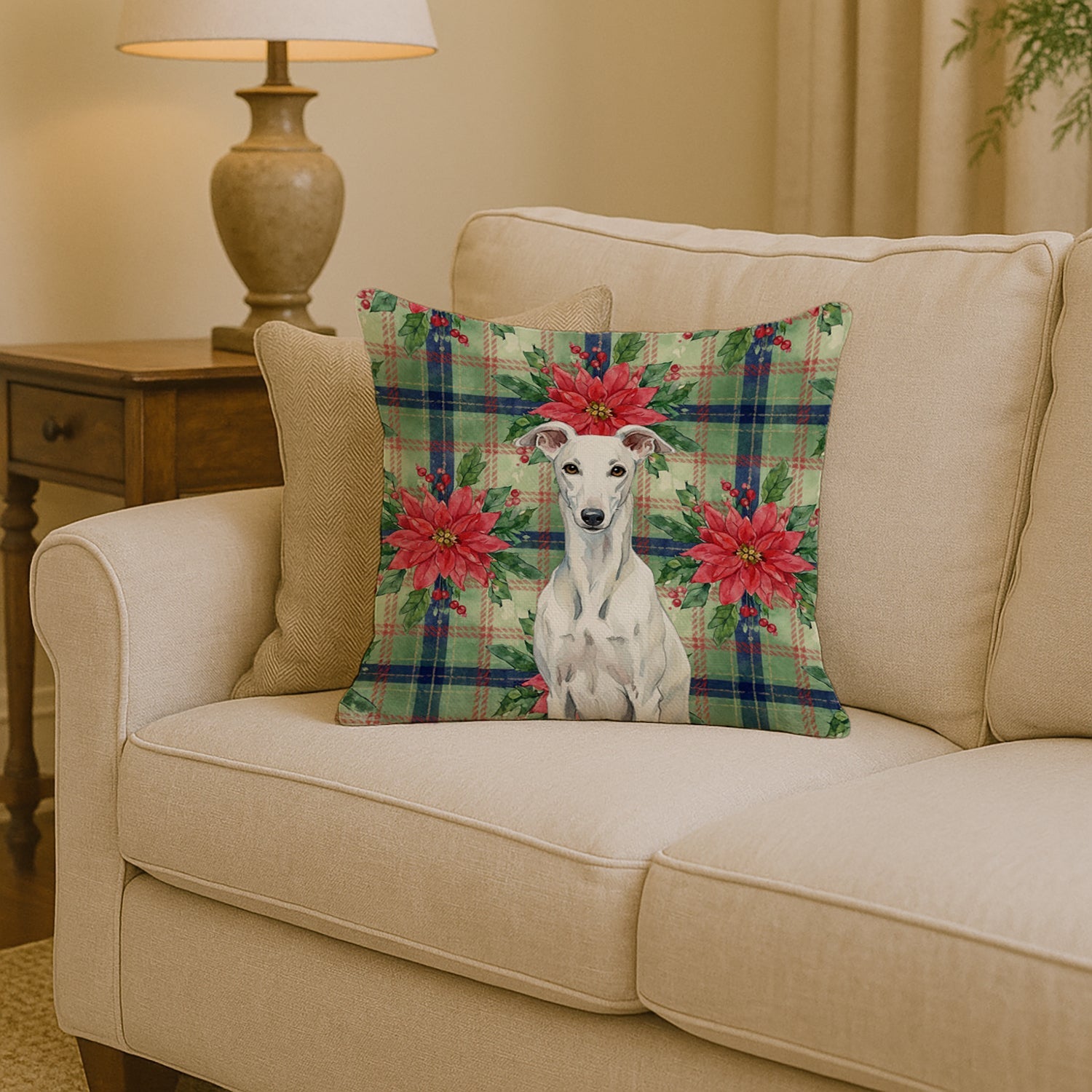 White Greyhound Christmas PoinsettIas Decorative Throw Pillow 14x14 Indoor Outdoor Accent Cushion, Fabric Cover with Insert for Sofa, Bed, Porch & Living Room