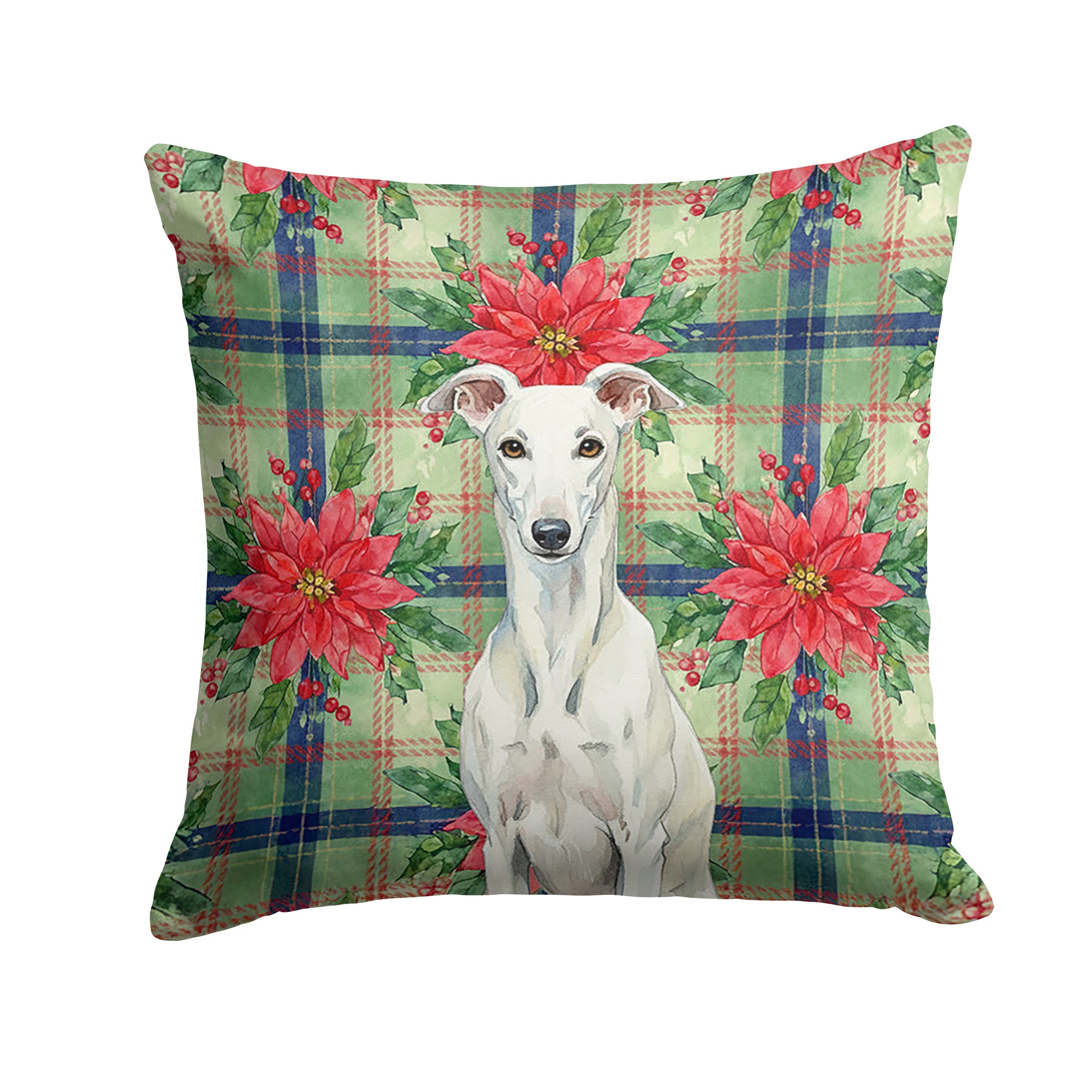 White Greyhound Christmas PoinsettIas Decorative Throw Pillow 18x18 Indoor Outdoor Accent Cushion, Fabric Cover with Insert for Sofa, Bed, Porch & Living Room