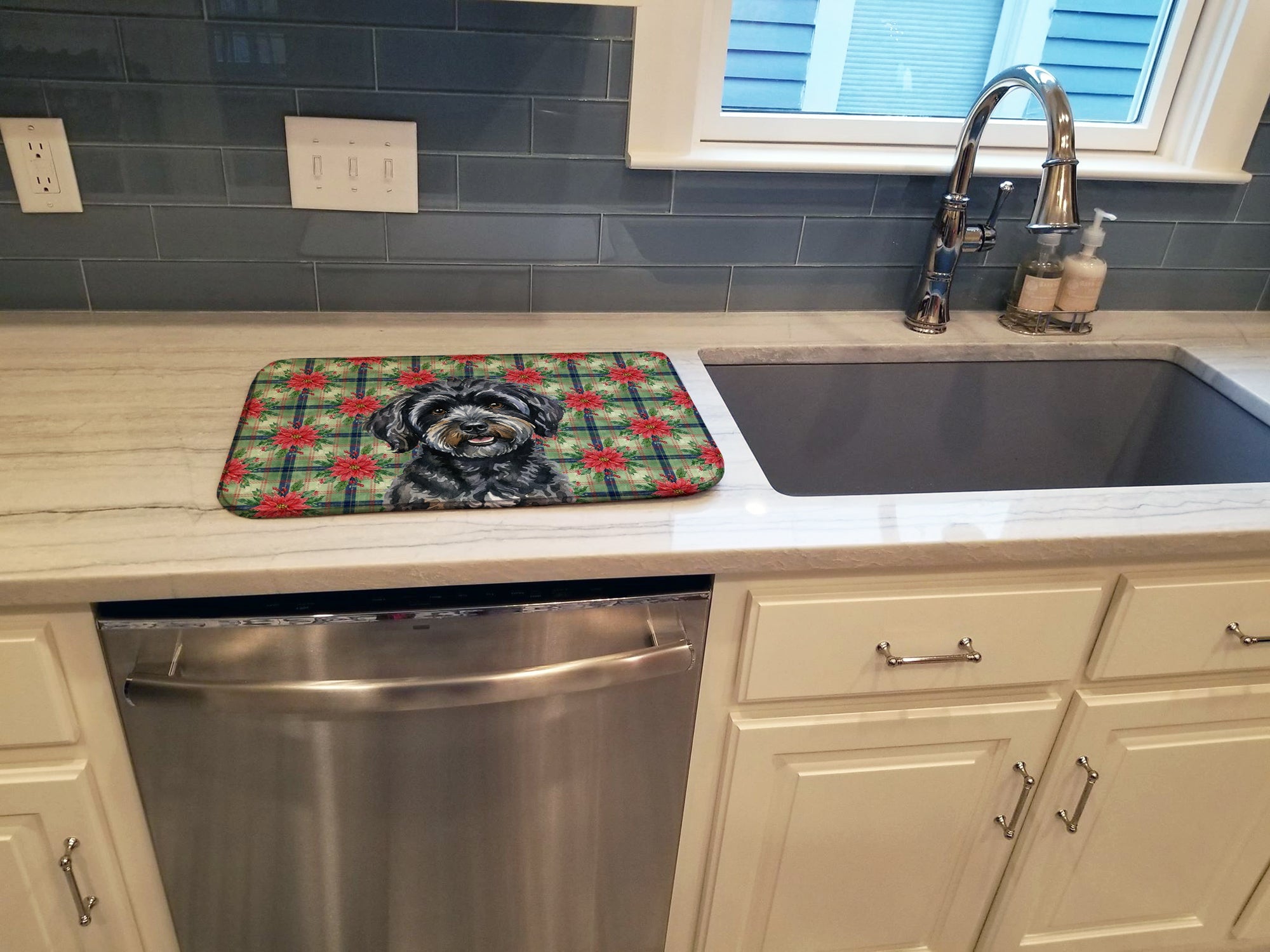 Black Havanese Christmas PoinsettIas Dish Drying Mat Absorbent Dish Drying Mat Pad for Kitchen Counter Dish Drainer Mat for Countertop, 14 x 21", Multicolor