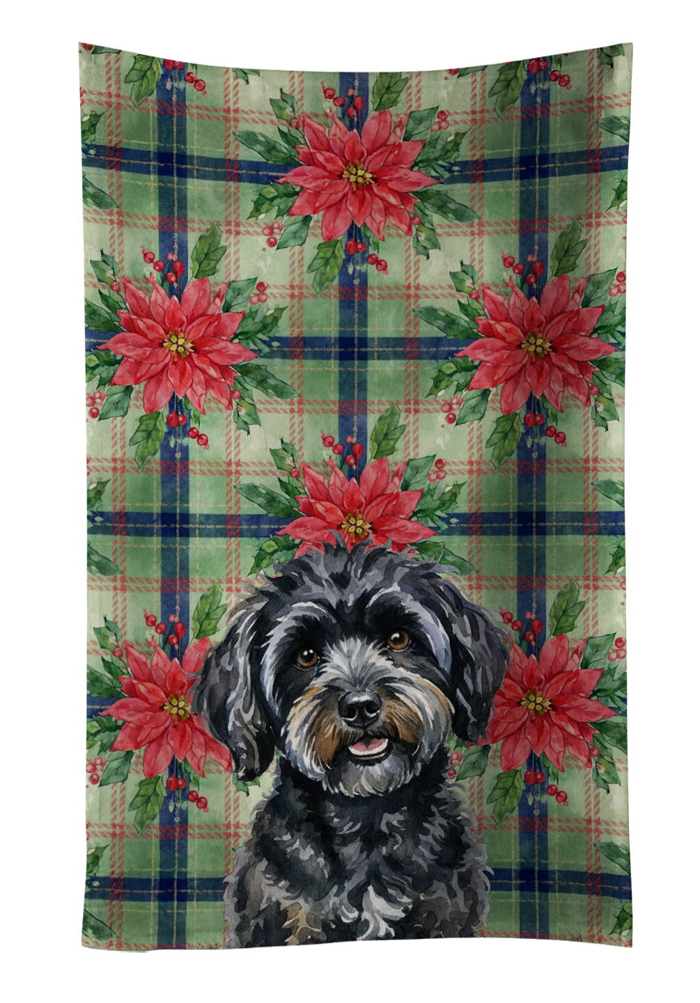 Black Havanese Christmas PoinsettIas Kitchen Towel Velour Plush Front and Cotton Loop Back Machine Washable