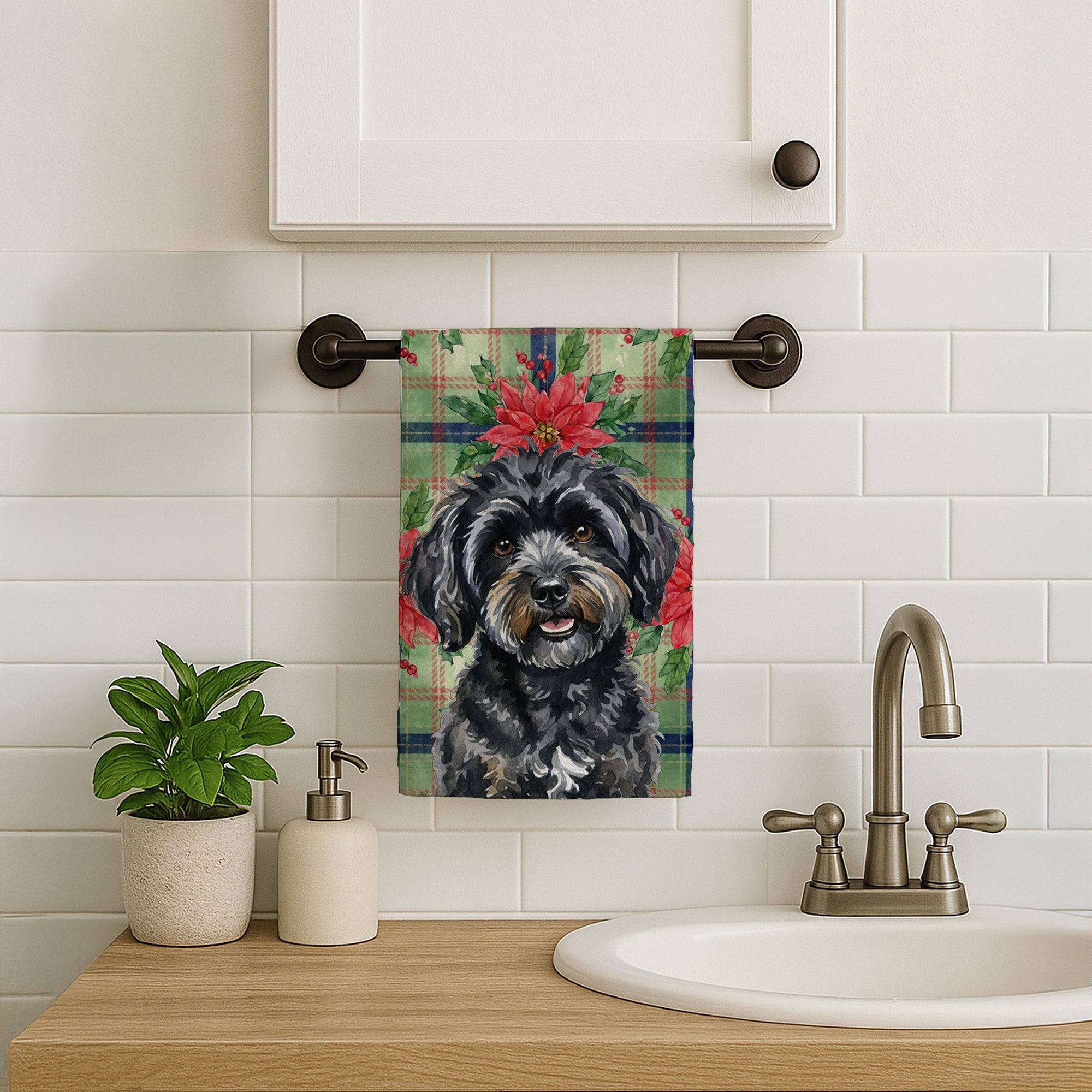 Black Havanese Christmas PoinsettIas Kitchen Towel Velour Plush Front and Cotton Loop Back Machine Washable