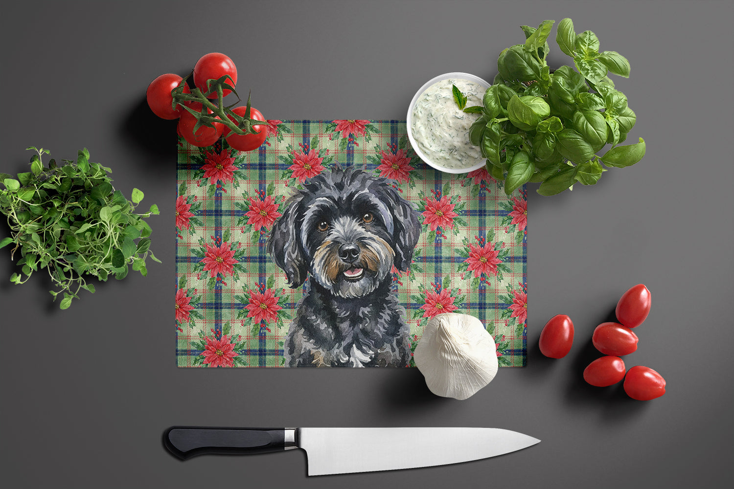 Black Havanese Christmas PoinsettIas Cutting Board Tempered Glass Kitchen Cutting Surface, Heat Resistant Chopping, Non-Slip Feet, Food Prep & Serving