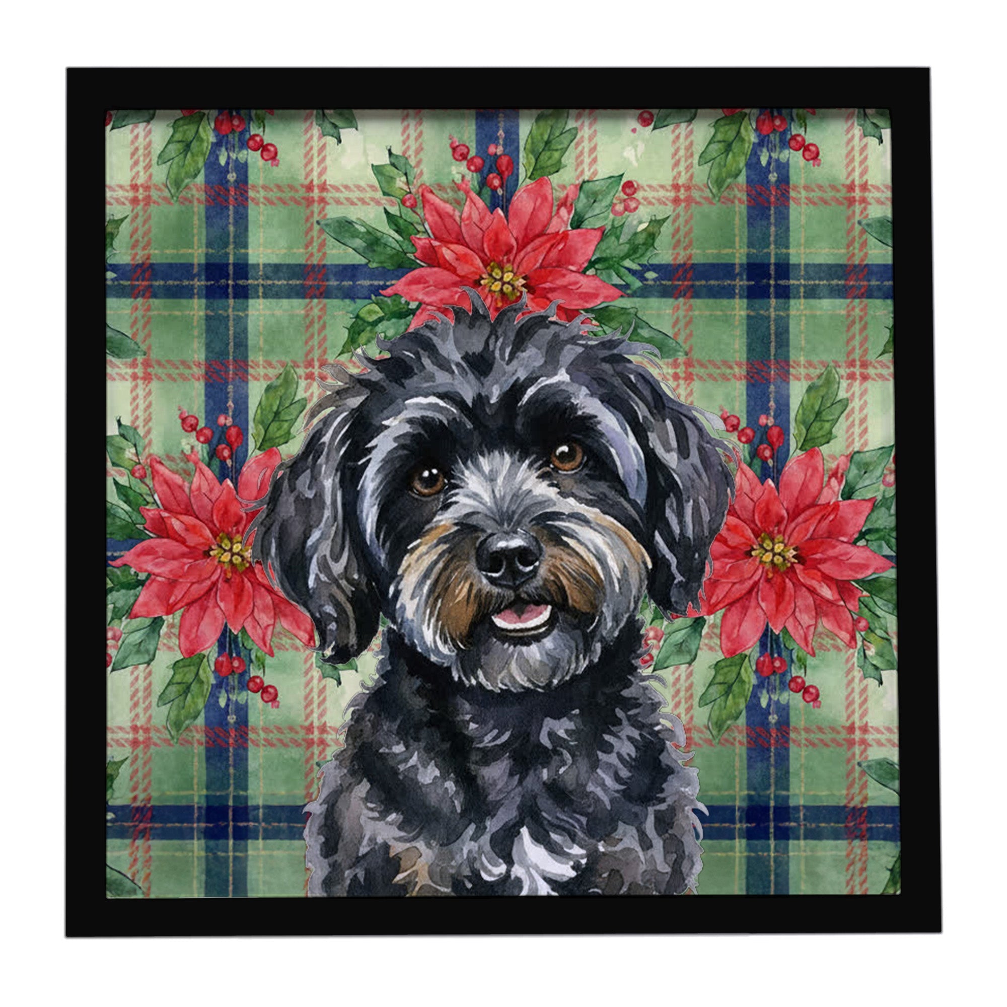 Black Havanese Christmas PoinsettIas Framed Metal Print Bathroom, Kitchen, Office, Home Decor Wall Art Ready to Hang, Square, 8X8