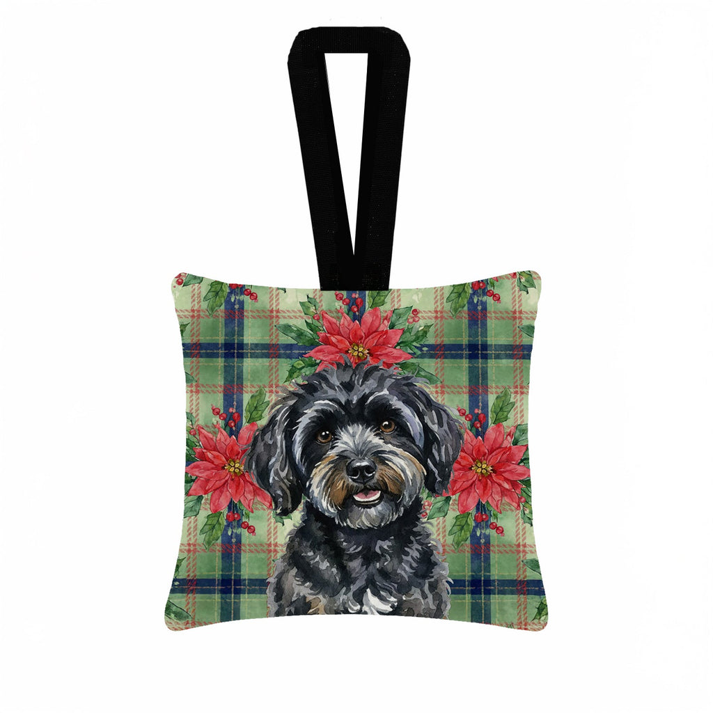 Black Havanese Christmas PoinsettIas Hanging Square Fabric Ornament 3.5 � 3.5 Decorative Door-Knob & Tree Hanger, Soft Fabric