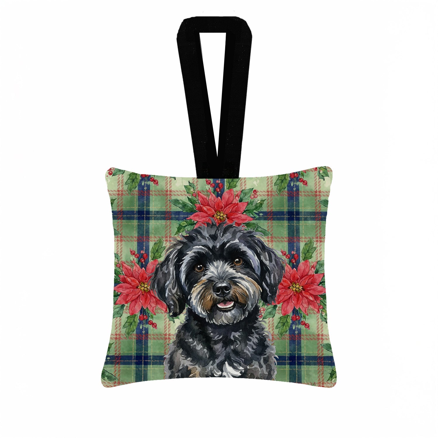 Black Havanese Christmas PoinsettIas Hanging Square Fabric Ornament 3.5 � 3.5 Decorative Door-Knob & Tree Hanger, Soft Fabric