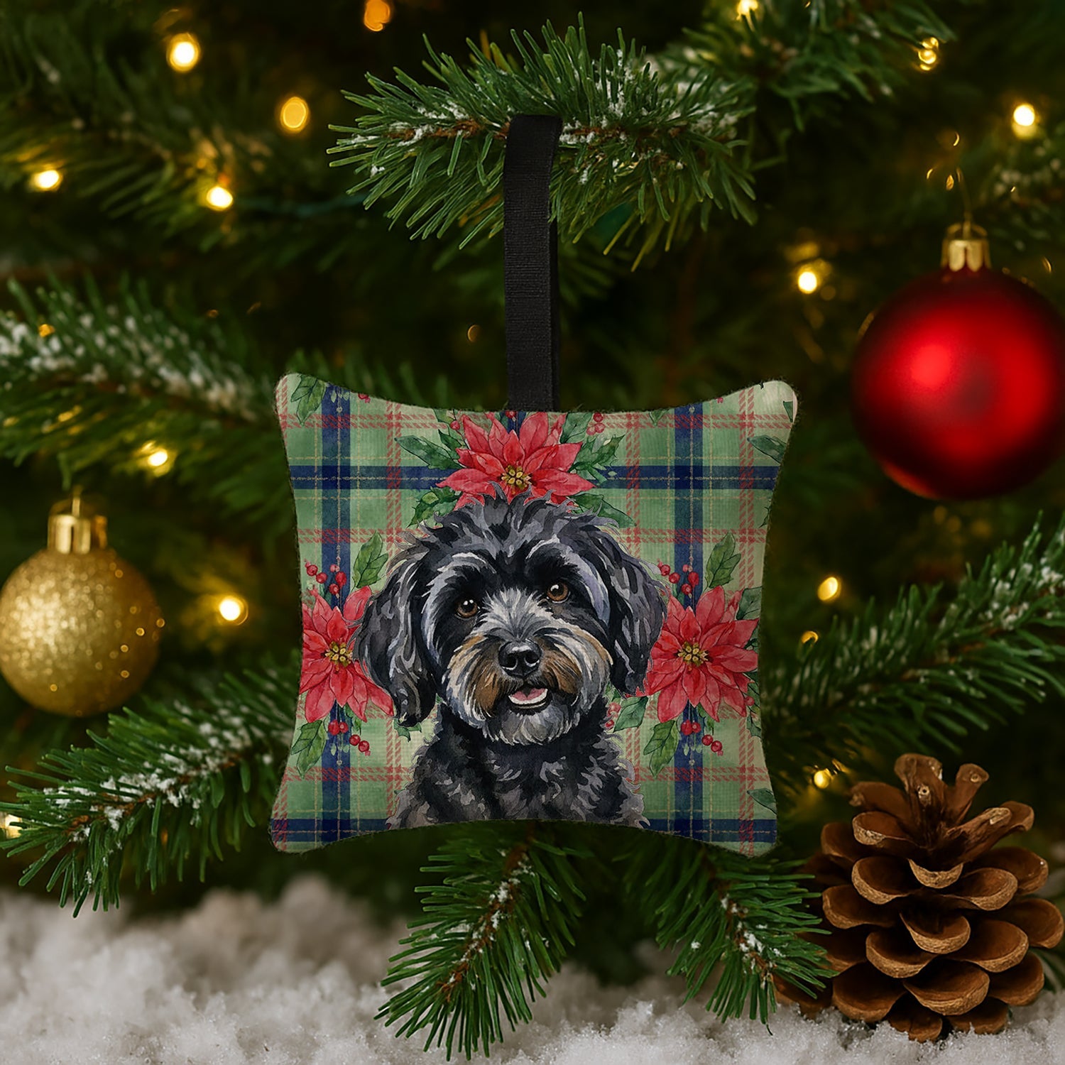 Black Havanese Christmas PoinsettIas Hanging Square Fabric Ornament 3.5 � 3.5 Decorative Door-Knob & Tree Hanger, Soft Fabric