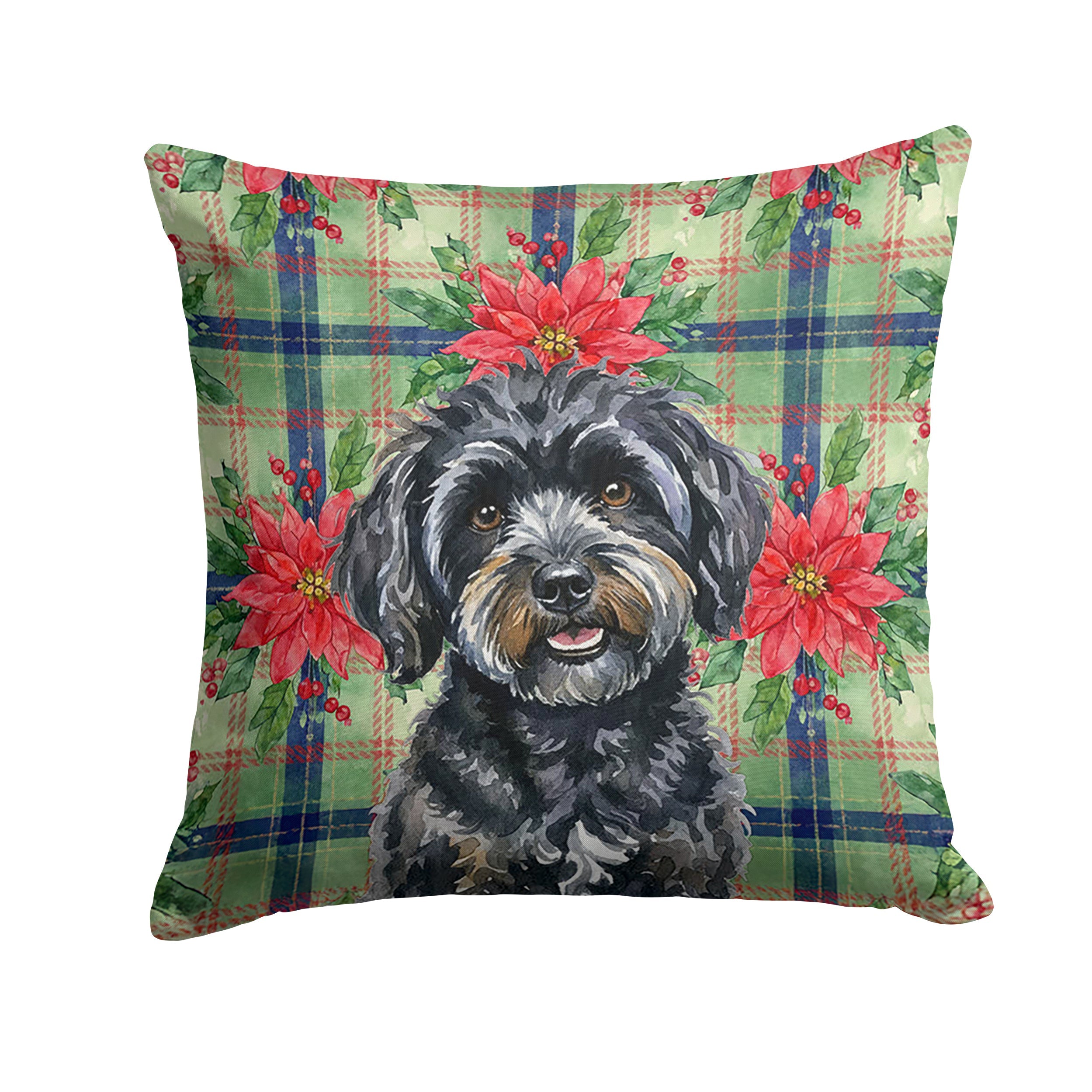 Black Havanese Christmas PoinsettIas Decorative Throw Pillow 14x14 Indoor Outdoor Accent Cushion, Fabric Cover with Insert for Sofa, Bed, Porch & Living Room