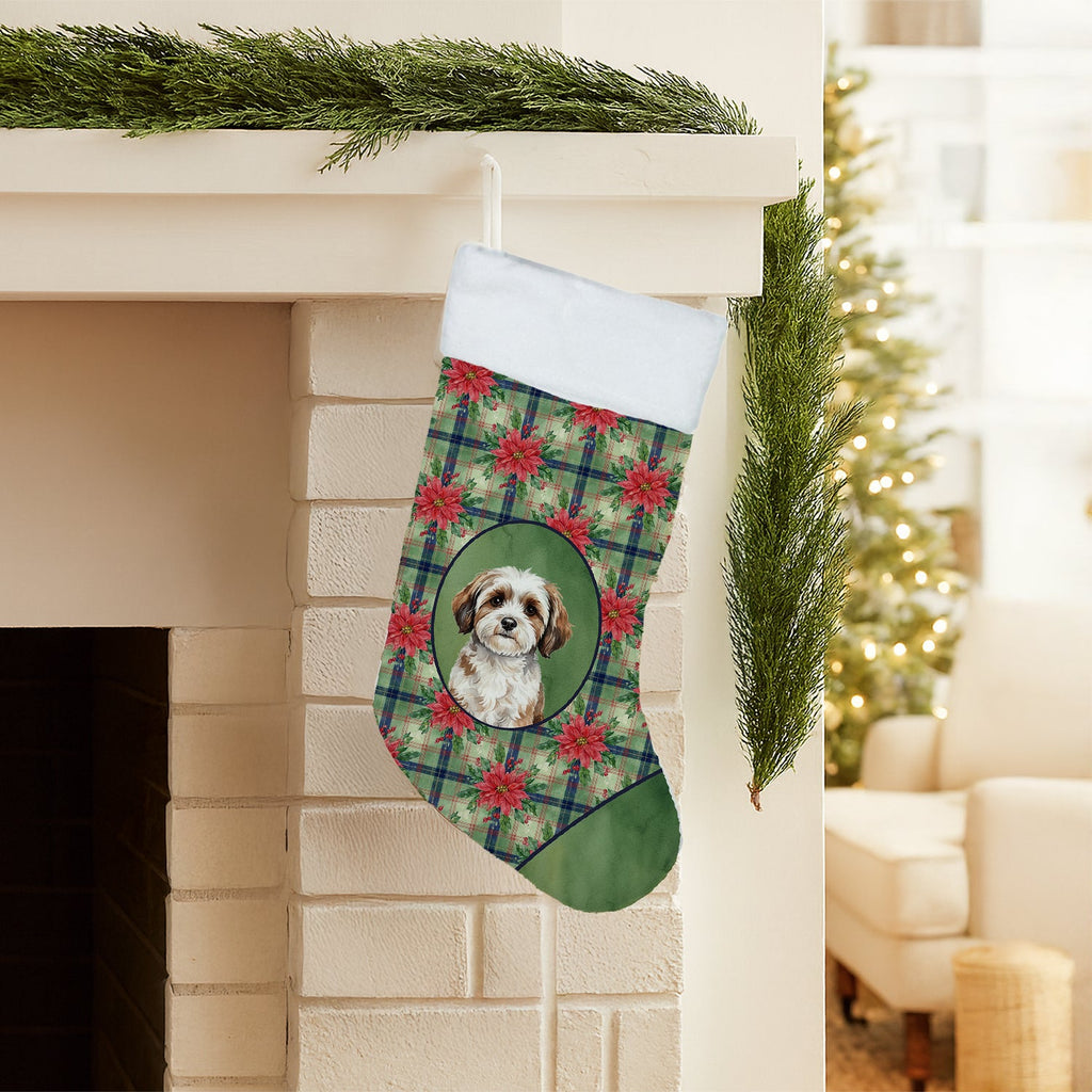 Parti-color Havanese Christmas PoinsettIas Holiday Stocking Double-Sided Print, Polyester Suede,11x18, Made in USA