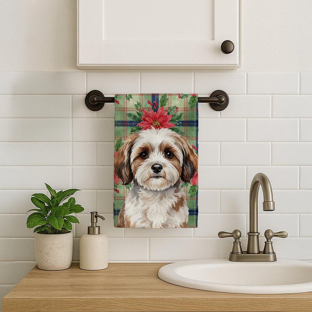 Parti-color Havanese Christmas PoinsettIas Kitchen Towel Velour Plush Front and Cotton Loop Back Machine Washable