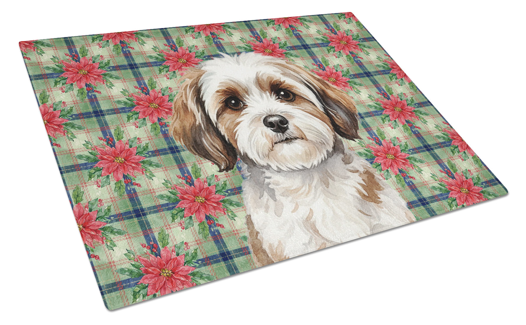 Parti-color Havanese Christmas PoinsettIas Cutting Board Tempered Glass Kitchen Cutting Surface, Heat Resistant Chopping, Non-Slip Feet, Food Prep & Serving
