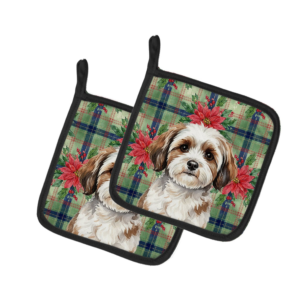 Parti-color Havanese Christmas PoinsettIas Pot Holder Set of 2 Heat Resistant Quilted Hot Pads 7.5 x 7.5 Inch, Insulated Kitchen Trivets for Cooking & Baking