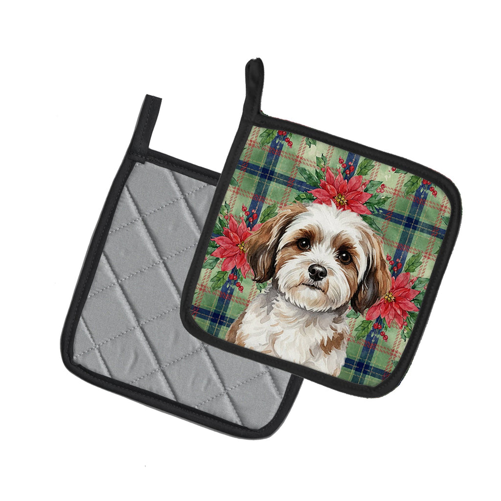 Parti-color Havanese Christmas PoinsettIas Pot Holder Set of 2 Heat Resistant Quilted Hot Pads 7.5 x 7.5 Inch, Insulated Kitchen Trivets for Cooking & Baking