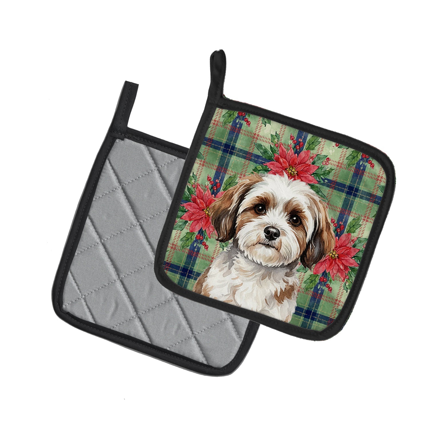 Parti-color Havanese Christmas PoinsettIas Pot Holder Set of 2 Heat Resistant Quilted Hot Pads 7.5 x 7.5 Inch, Insulated Kitchen Trivets for Cooking & Baking
