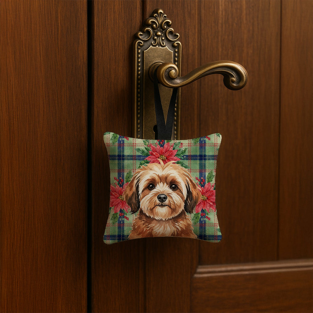 Sable Havanese Christmas PoinsettIas Hanging Square Fabric Ornament 3.5 � 3.5 Decorative Door-Knob & Tree Hanger, Soft Fabric