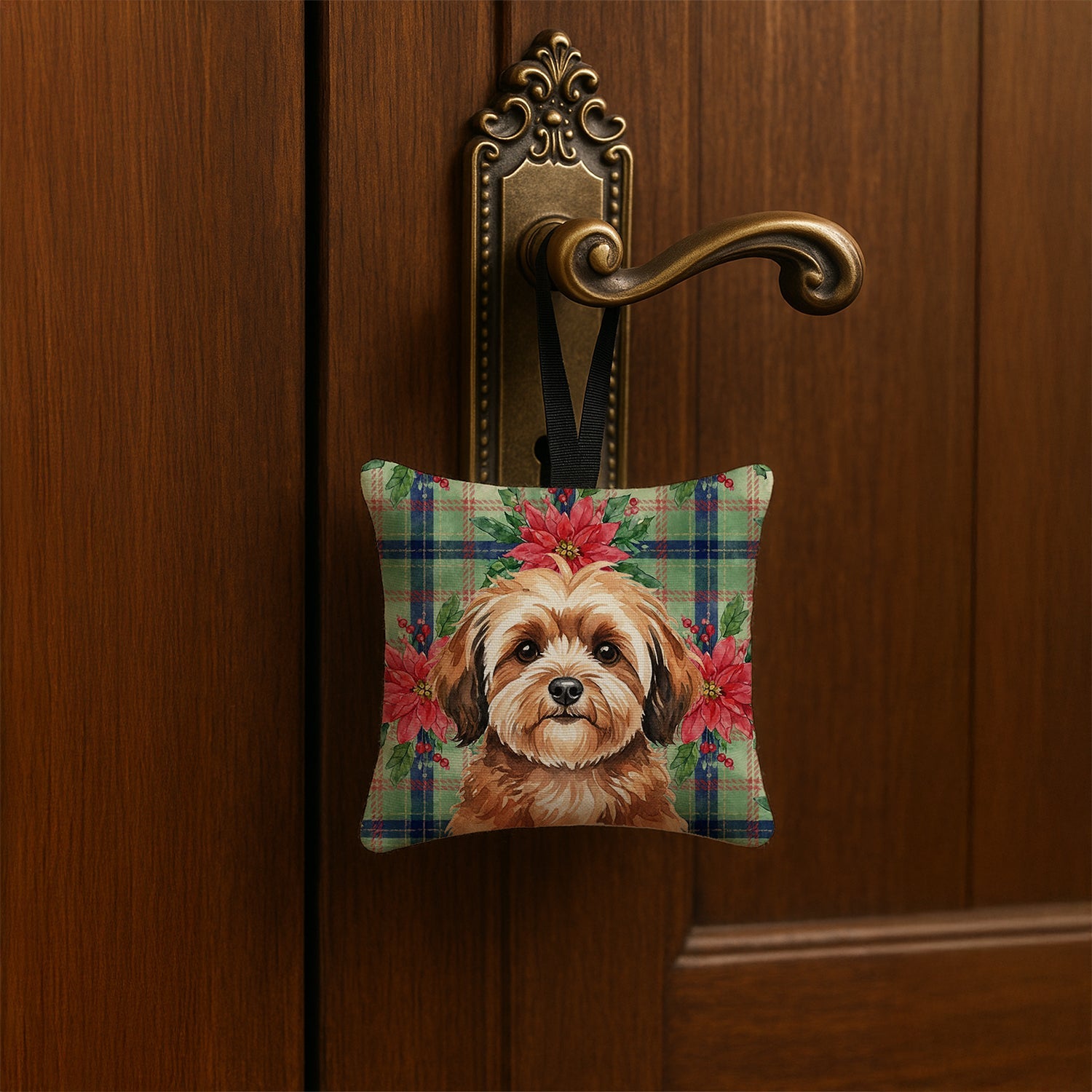 Sable Havanese Christmas PoinsettIas Hanging Square Fabric Ornament 3.5 � 3.5 Decorative Door-Knob & Tree Hanger, Soft Fabric