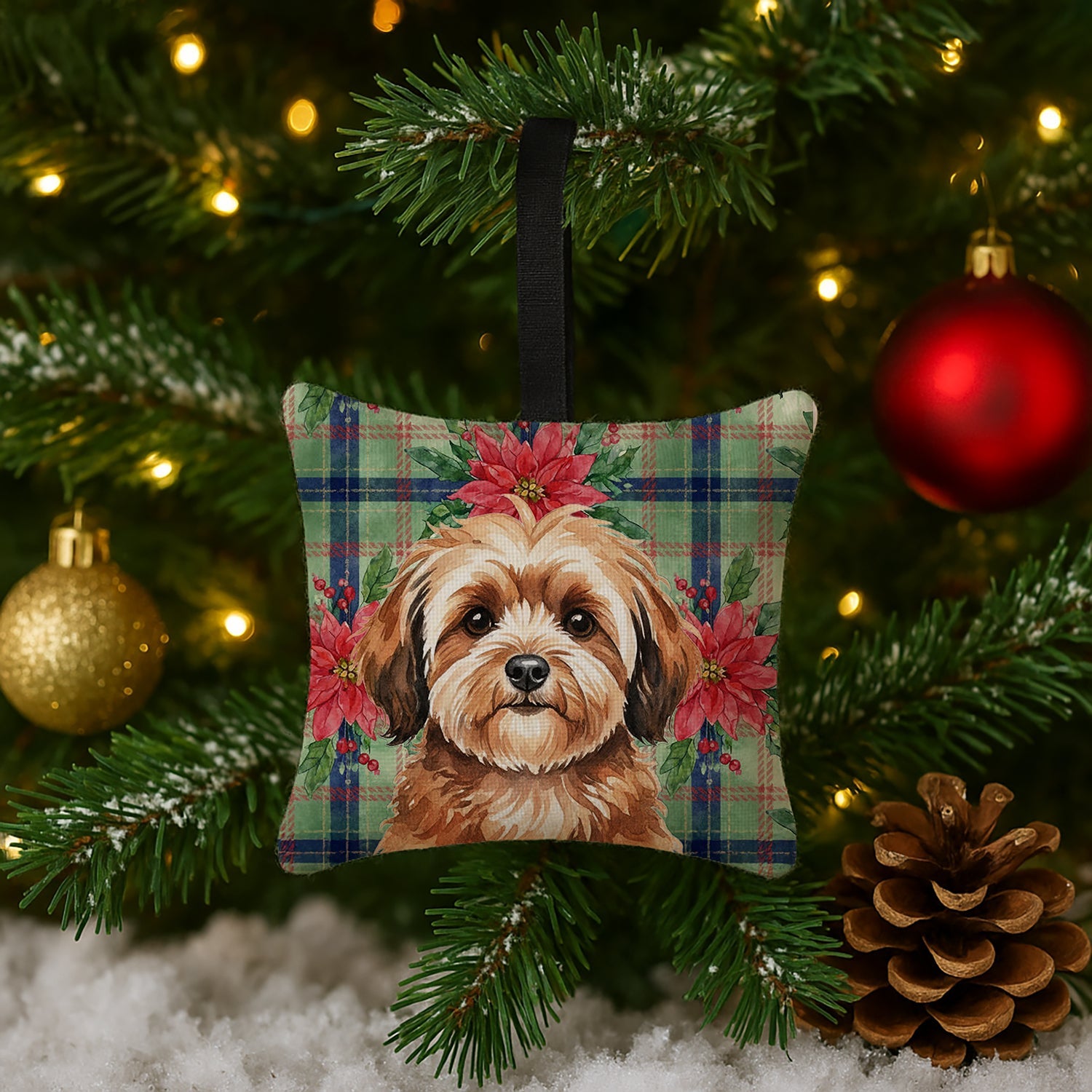 Sable Havanese Christmas PoinsettIas Hanging Square Fabric Ornament 3.5 � 3.5 Decorative Door-Knob & Tree Hanger, Soft Fabric