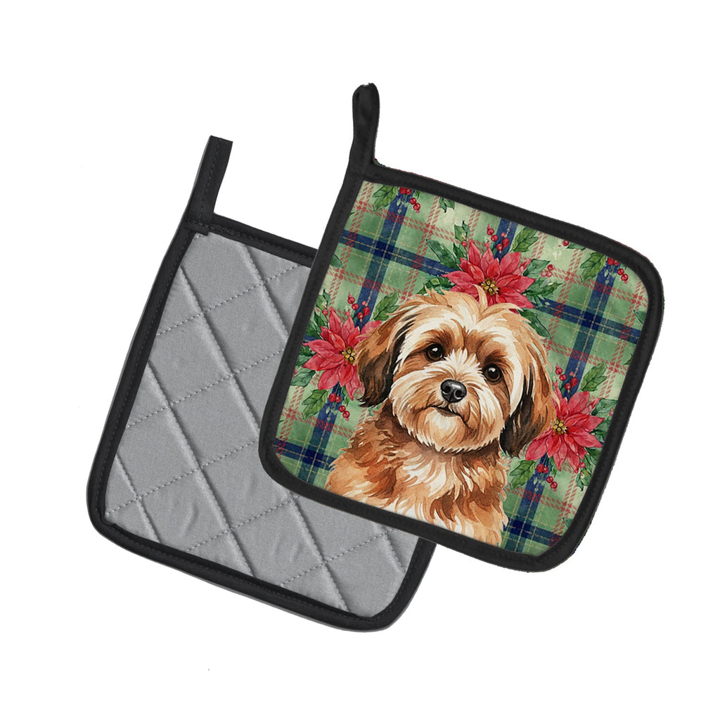Sable Havanese Christmas PoinsettIas Pot Holder Set of 2 Heat Resistant Quilted Hot Pads 7.5 x 7.5 Inch, Insulated Kitchen Trivets for Cooking & Baking
